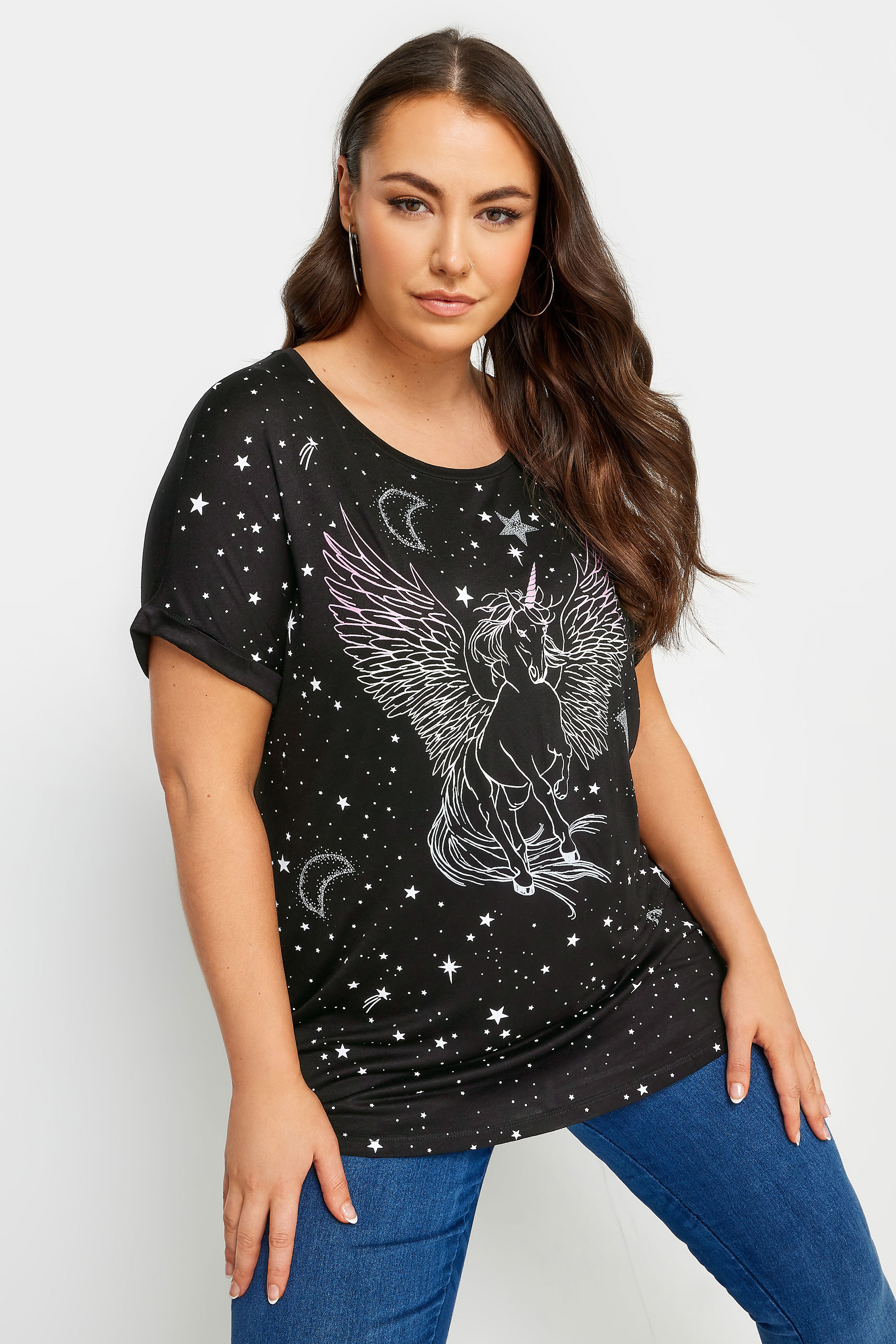YOURS Plus Size Black Unicorn Print T-Shirt | Yours Clothing 1