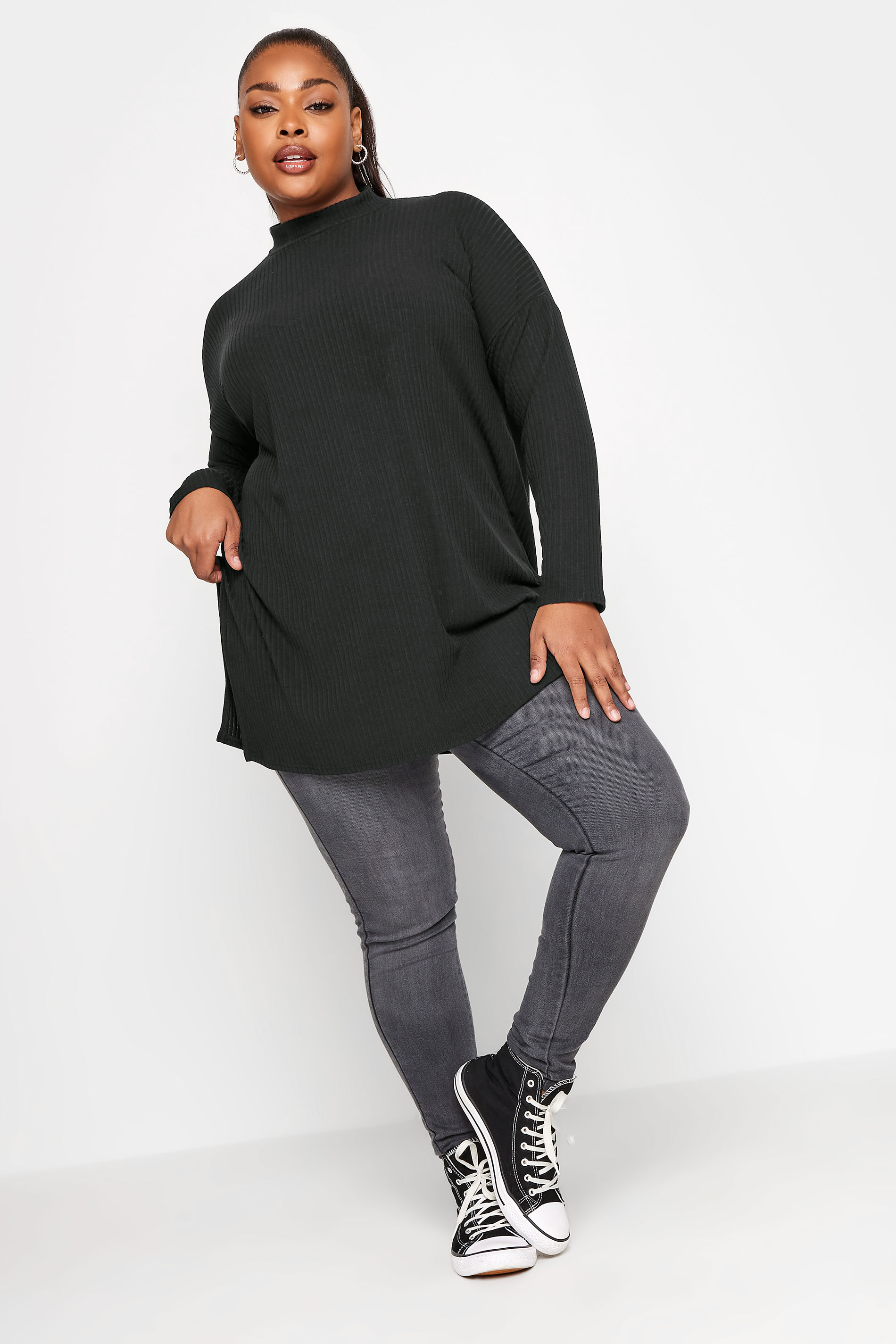 YOURS Plus Size Black Ribbed Turtle Neck Top | Yours Clothing 3