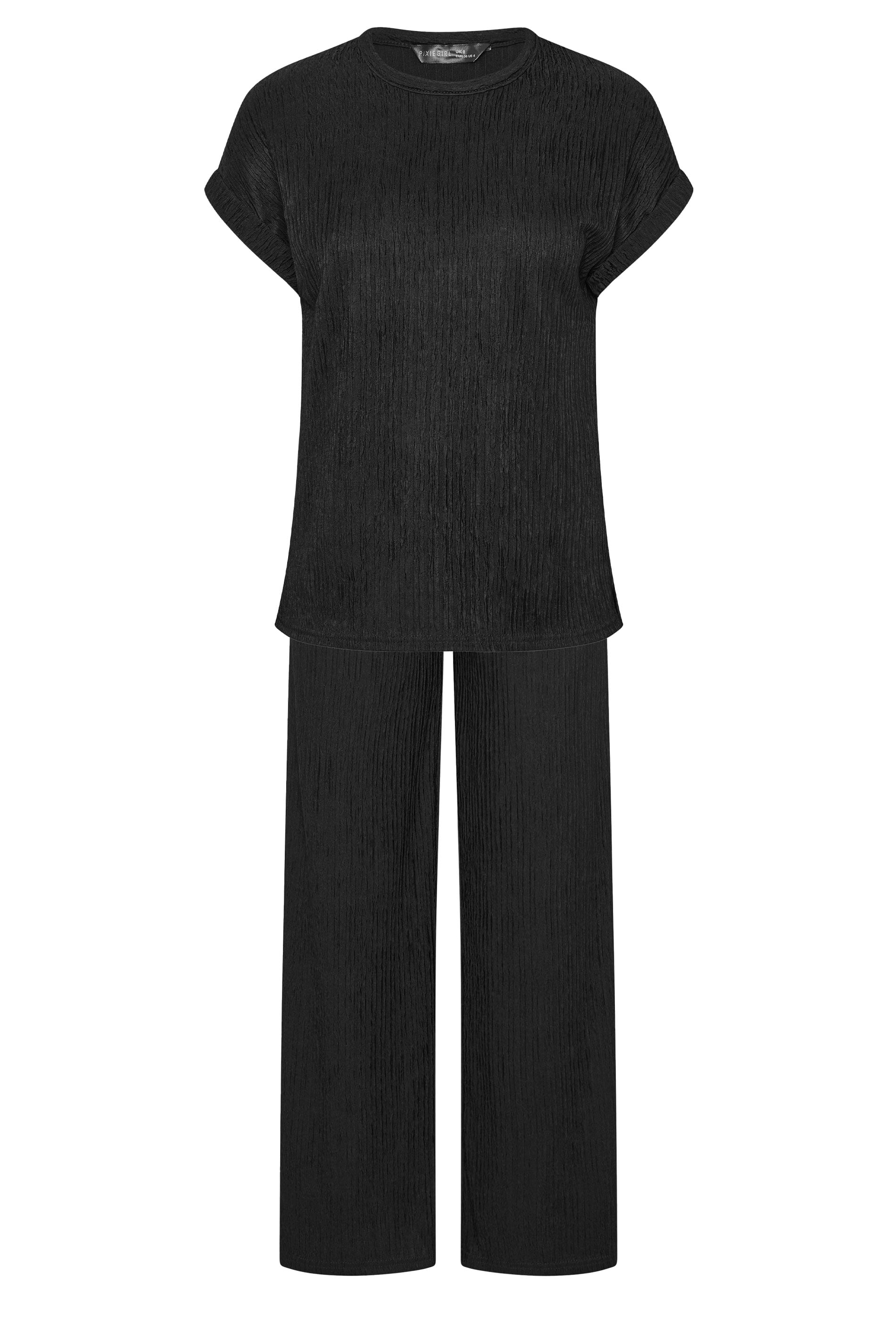 PixieGirl Petite Women's Set Black Textured Short Sleeve Top & Wide Leg Trousers | PixieGirl 5