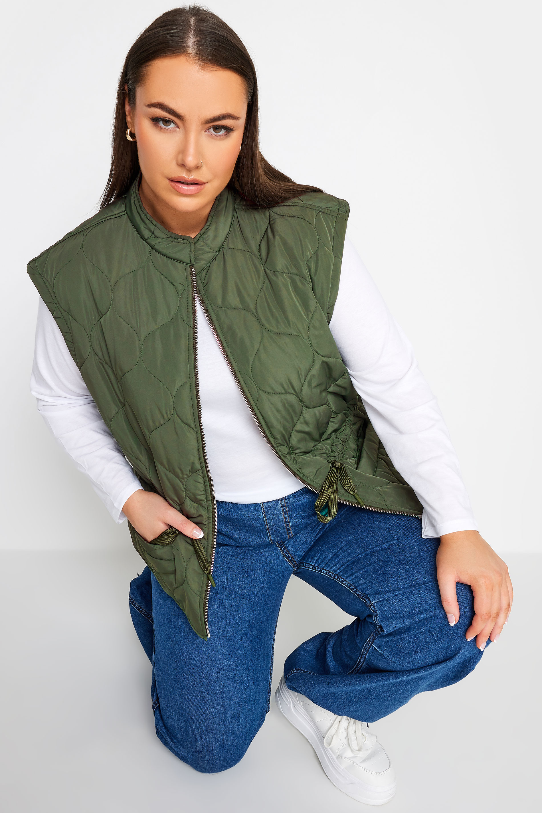 YOURS Plus Size Khaki Green Cropped Boxy Gilet | Yours Clothing 1