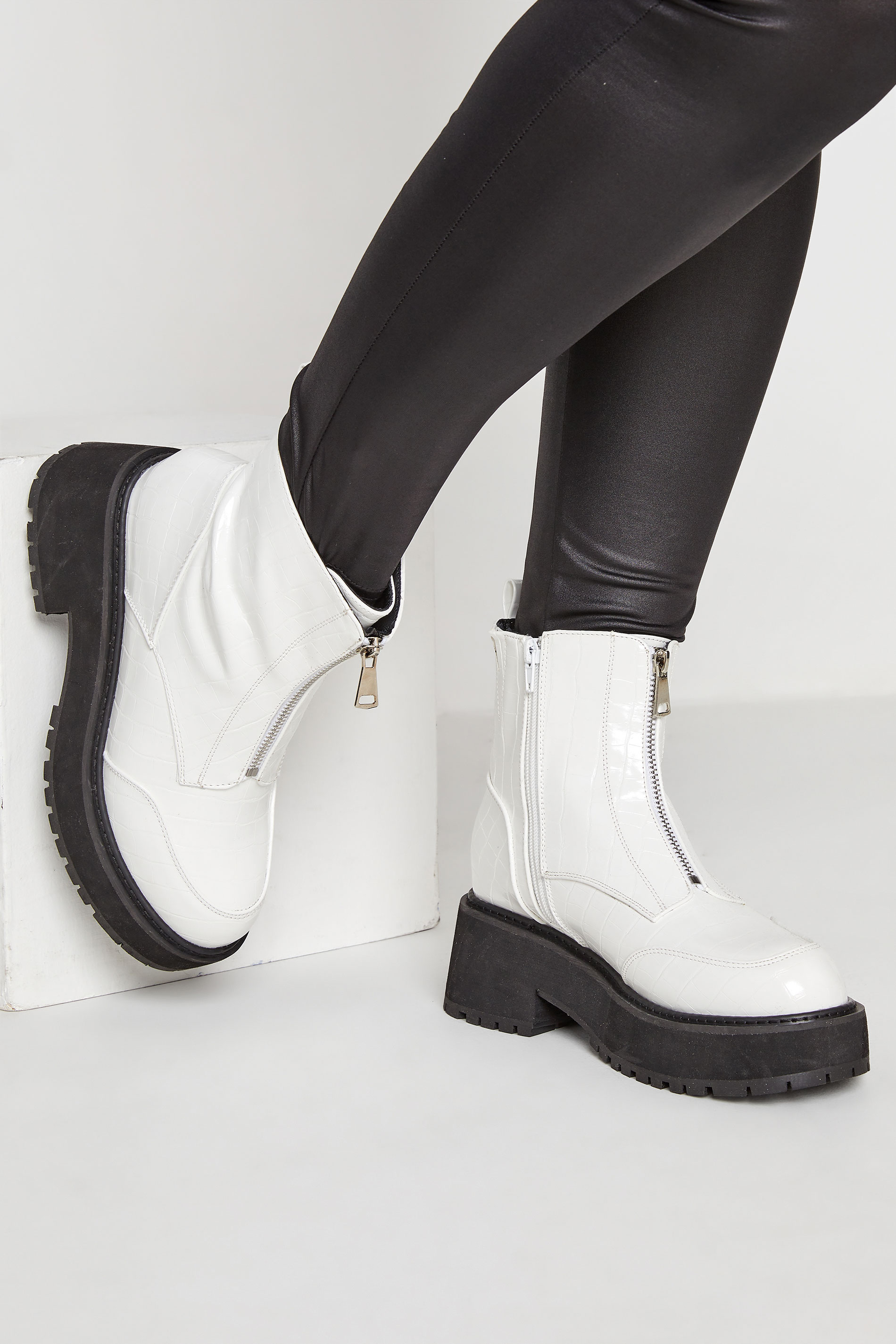 White Croc Leather Look Zip Chunky Boots In Wide Fit | Yours Clothing 1