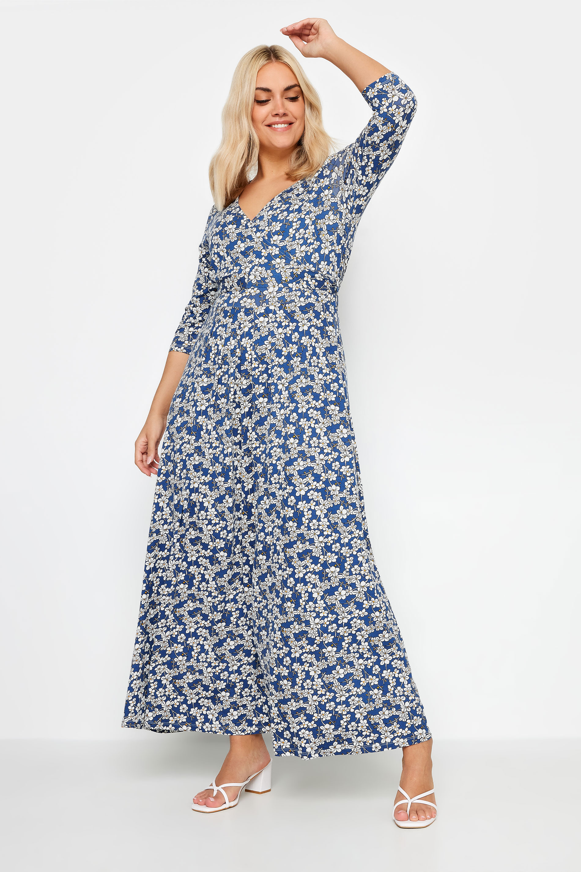 YOURS Plus Size Blue Ditsy Floral Print Tiered Maxi Dress | Yours Clothing 1
