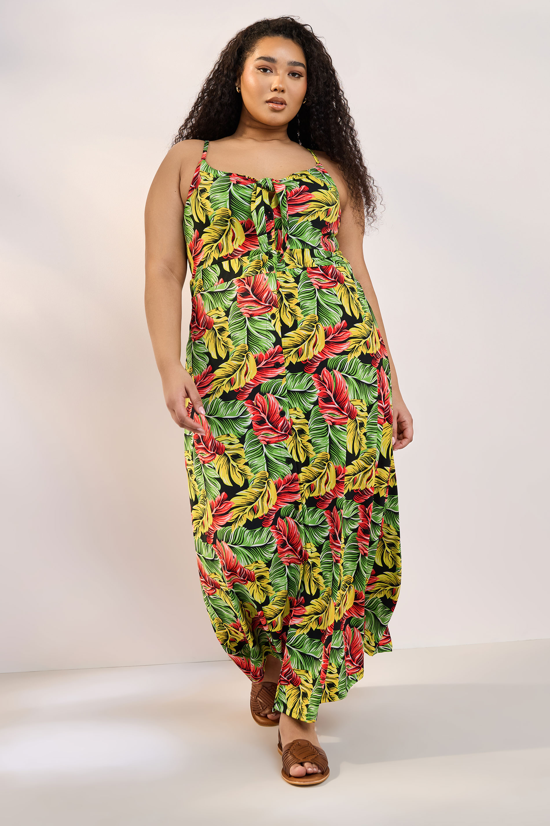 YOURS Plus Size Yellow & Green Tropical Leaf Print Maxi Dress | Yours Clothing 1