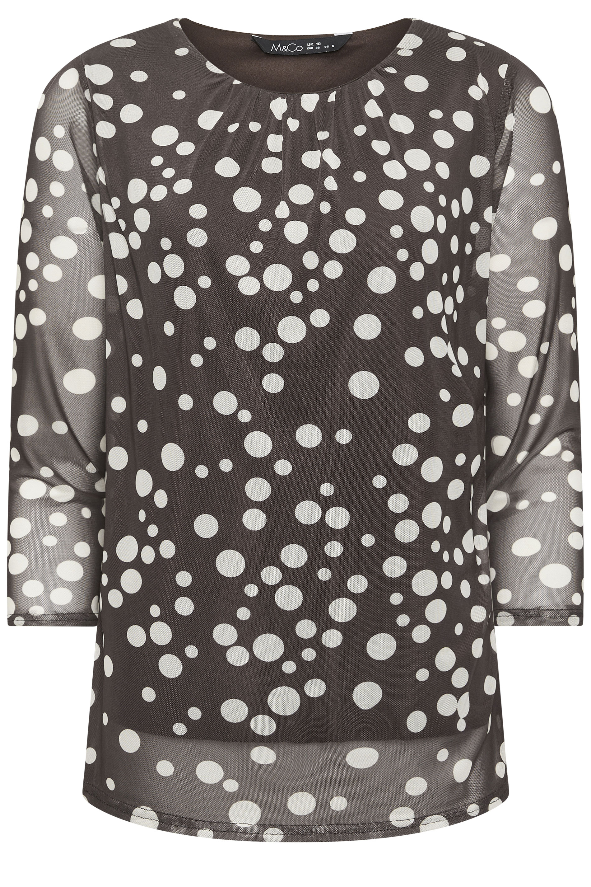 M&Co Brown Polka Dot Print Crew Neck Mesh Top | M&Co 5
