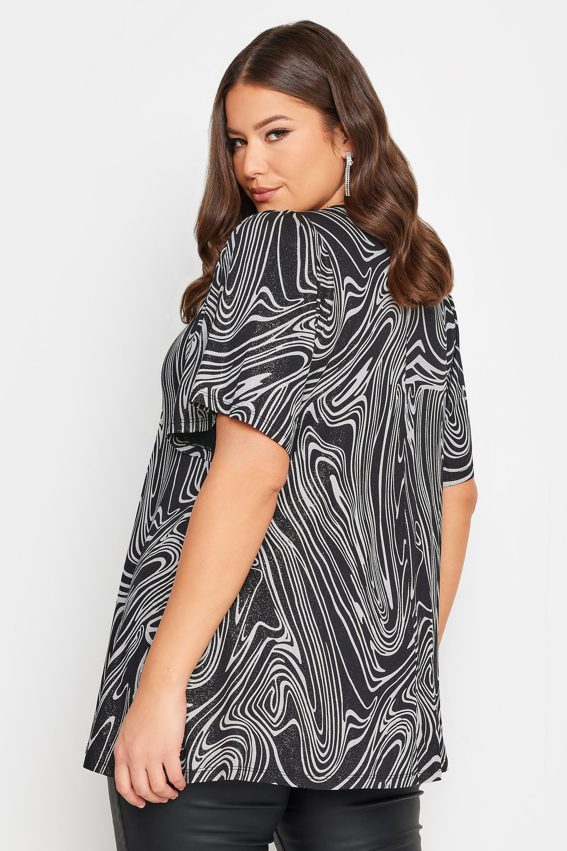 YOURS Plus Size Black Foil Swirl Print Pleat Front Swing Top | Yours Clothing 3