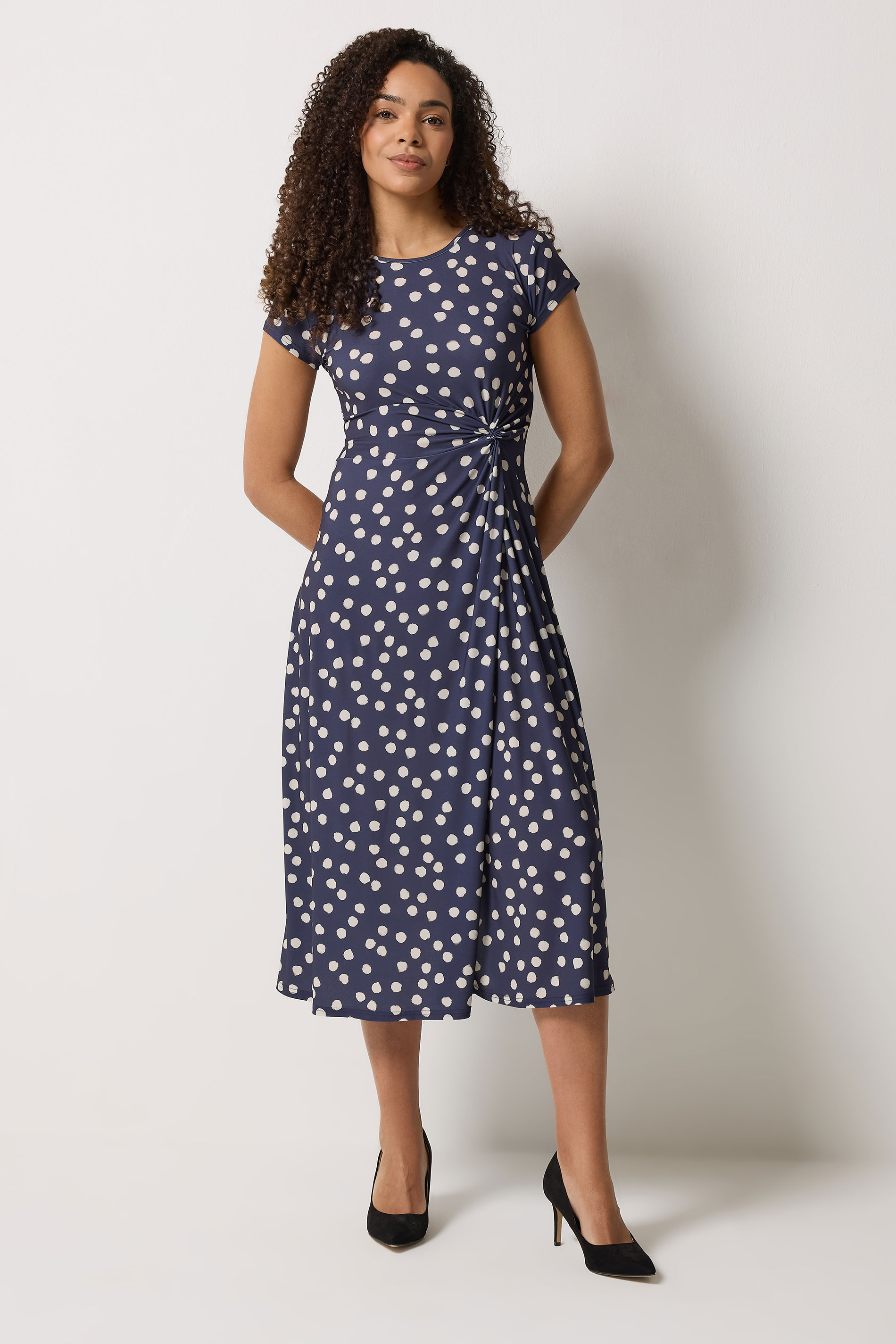 M&Co Navy Blue Polka Dot Side Twist Midi Dress | M&Co 4