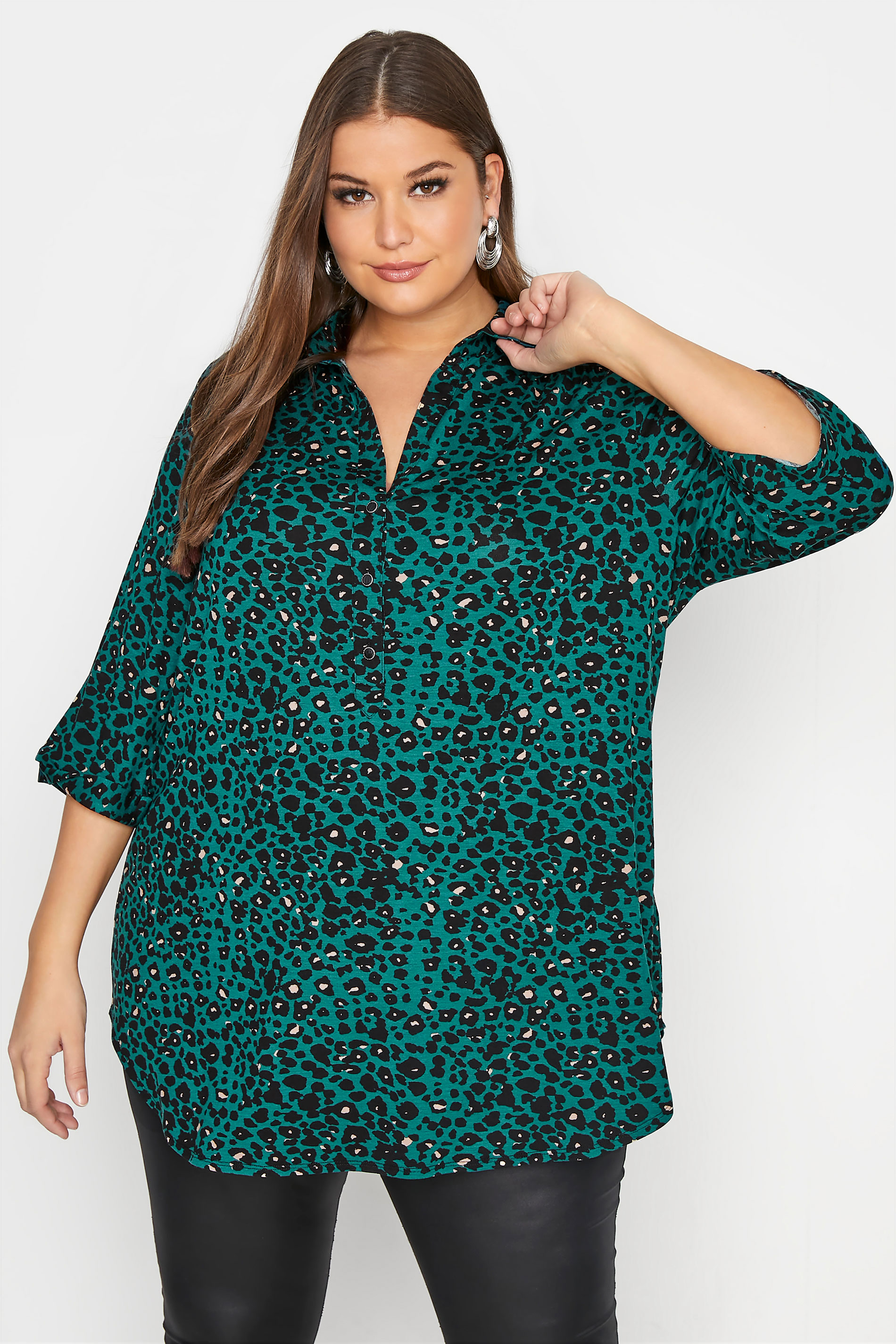 YOURS LONDON Teal Mixed Animal Print Button Placket Shirt_A.jpg