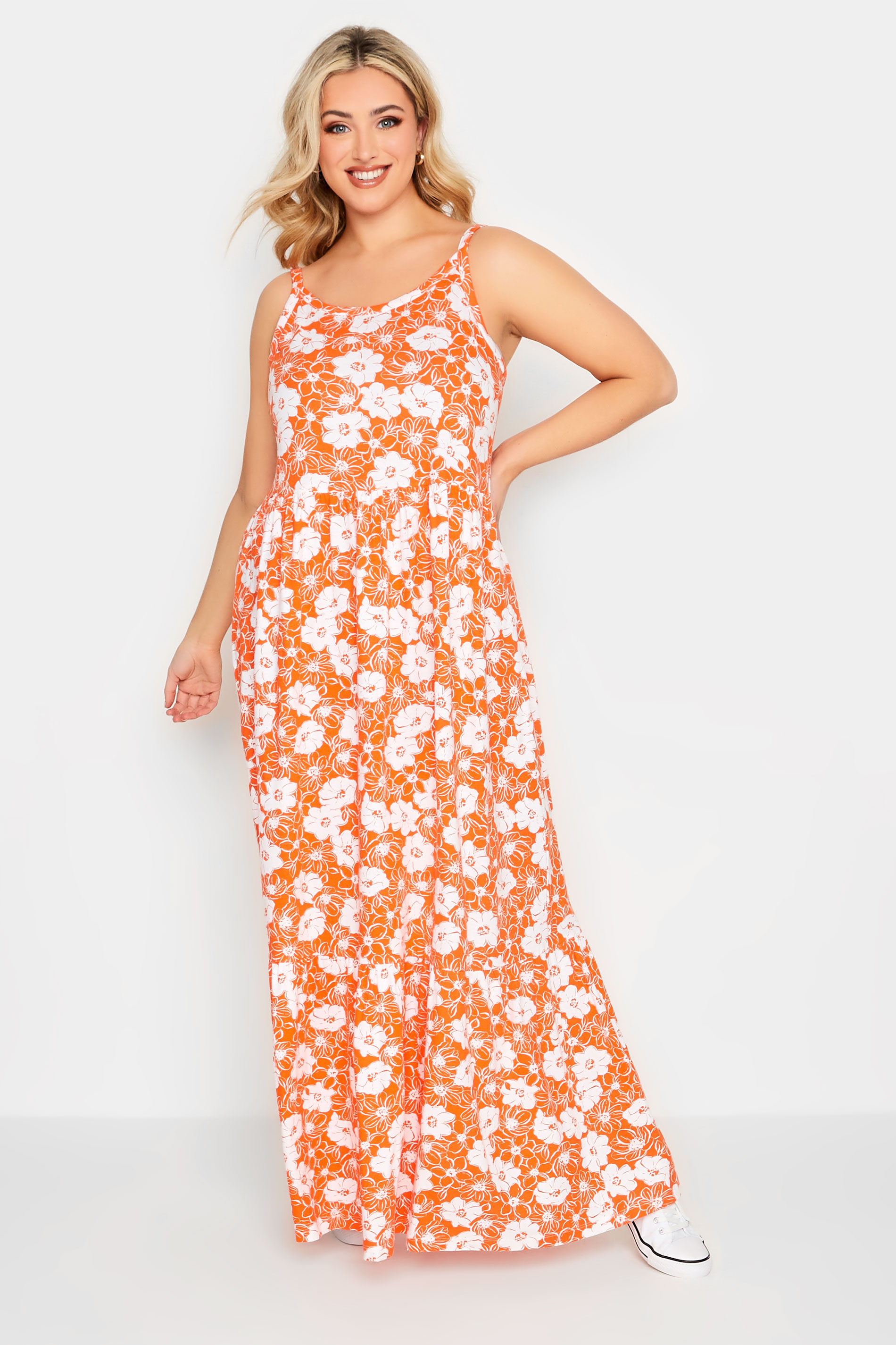 YOURS Curve Plus Size Orange Floral Tiered Maxi Sundress | Yours Clothing  2