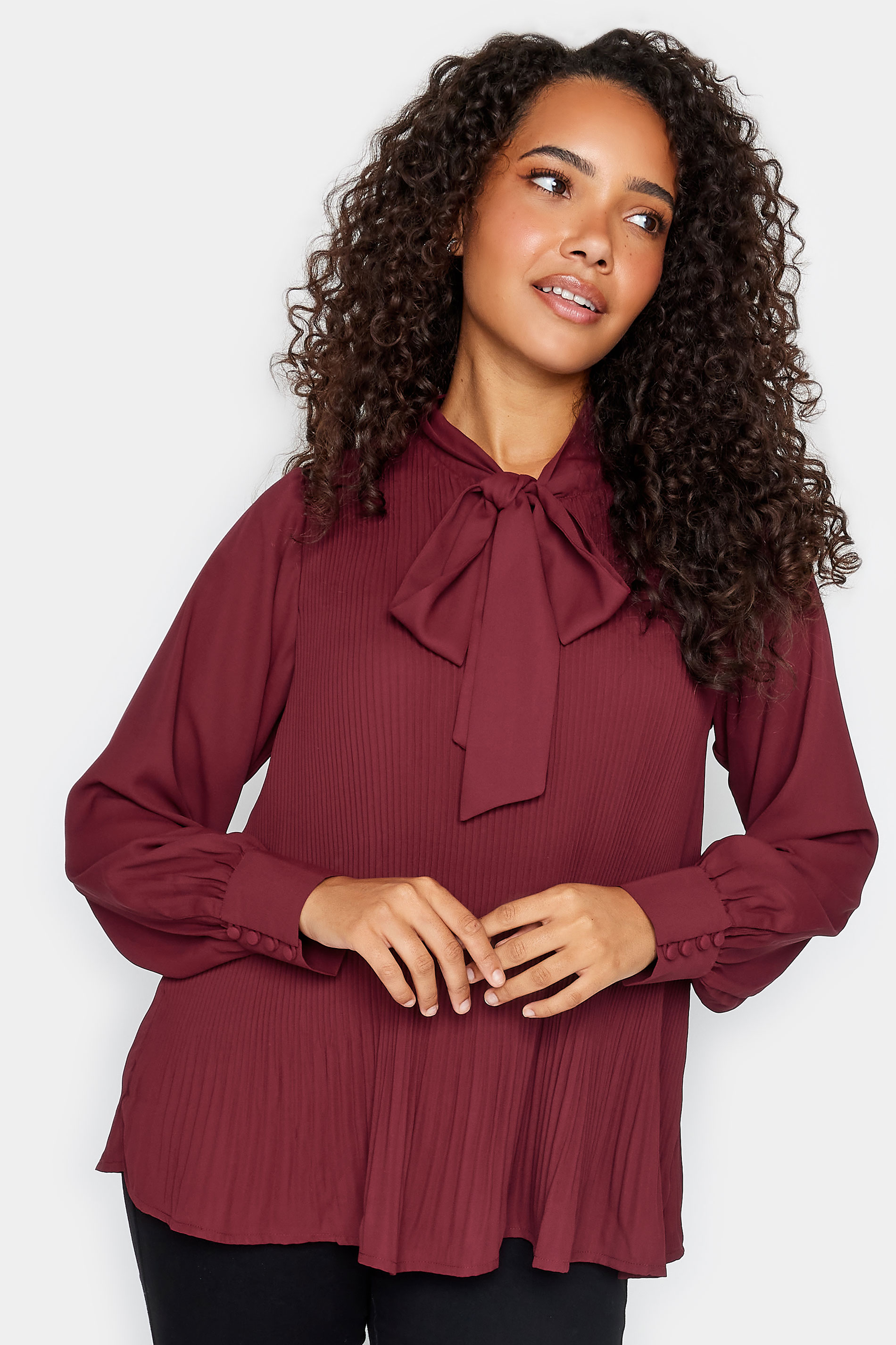 M&Co Burgundy Red Pleated Bow Neck Blouse | M&Co 1
