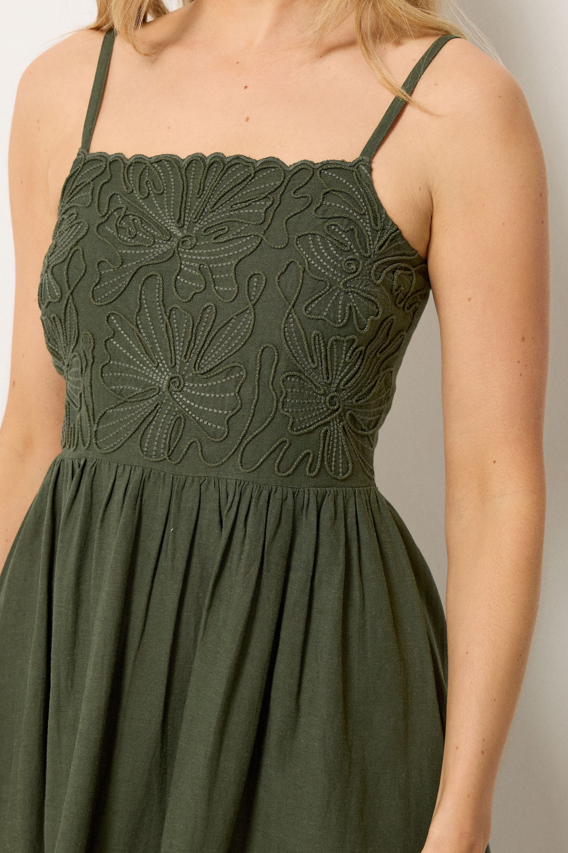 LTS Tall Women's Olive Green Linen Embroidered Midi Dress | Long Tall Sally 5