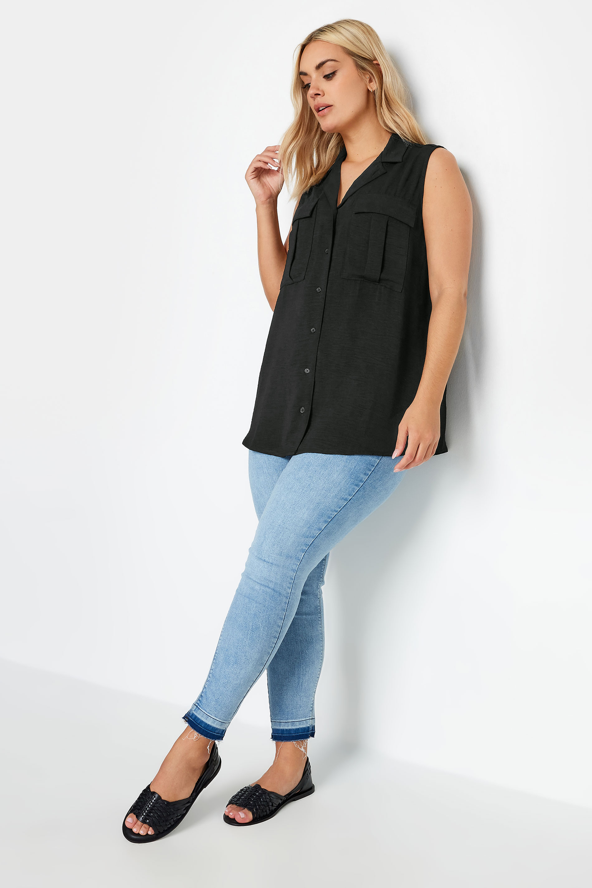 YOURS Plus Size Black Sleeveless Utility Shirt | Yours Clothing 2