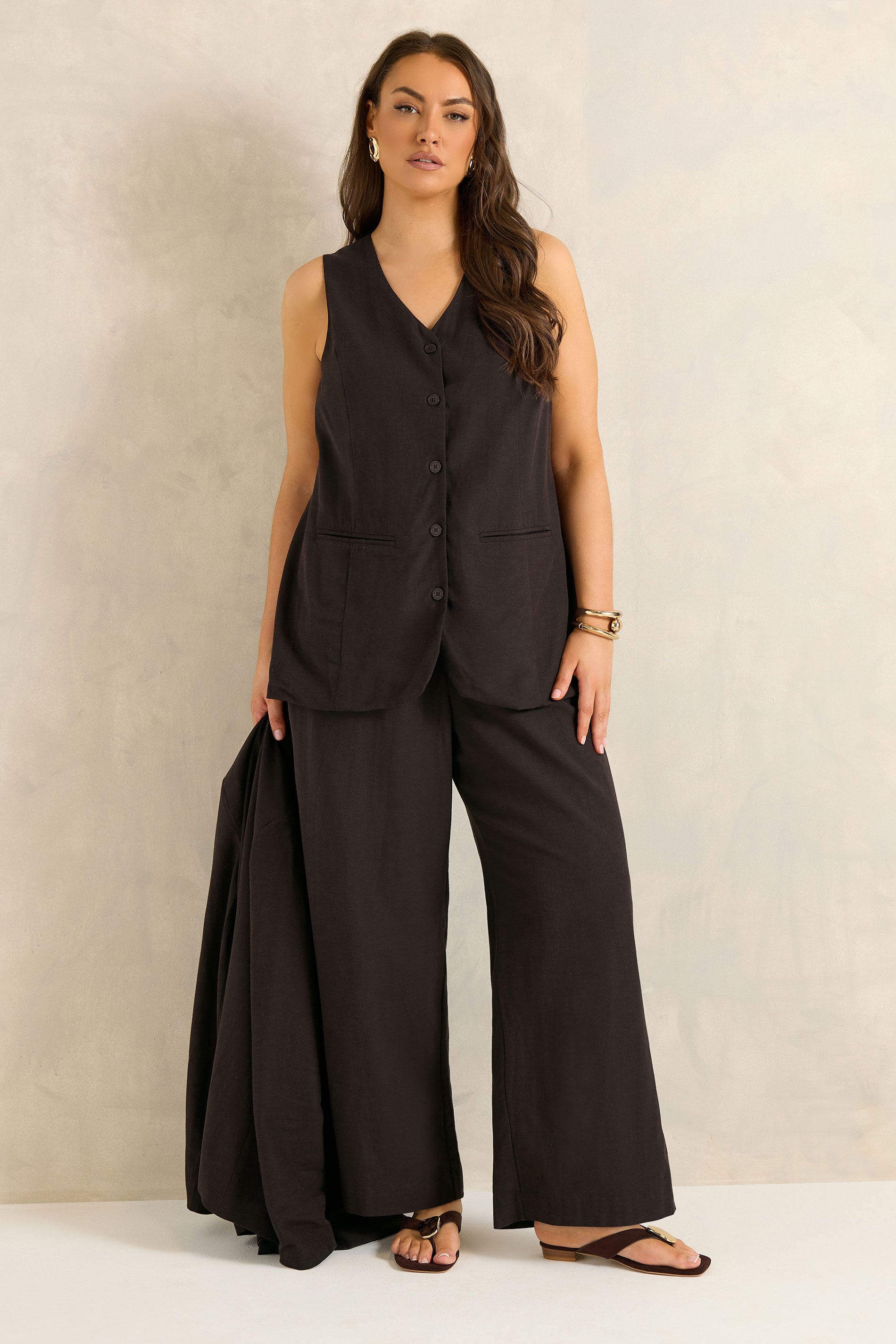 EVANS Plus Size Chocolate Brown Tailored Linen Trousers | Evans 3