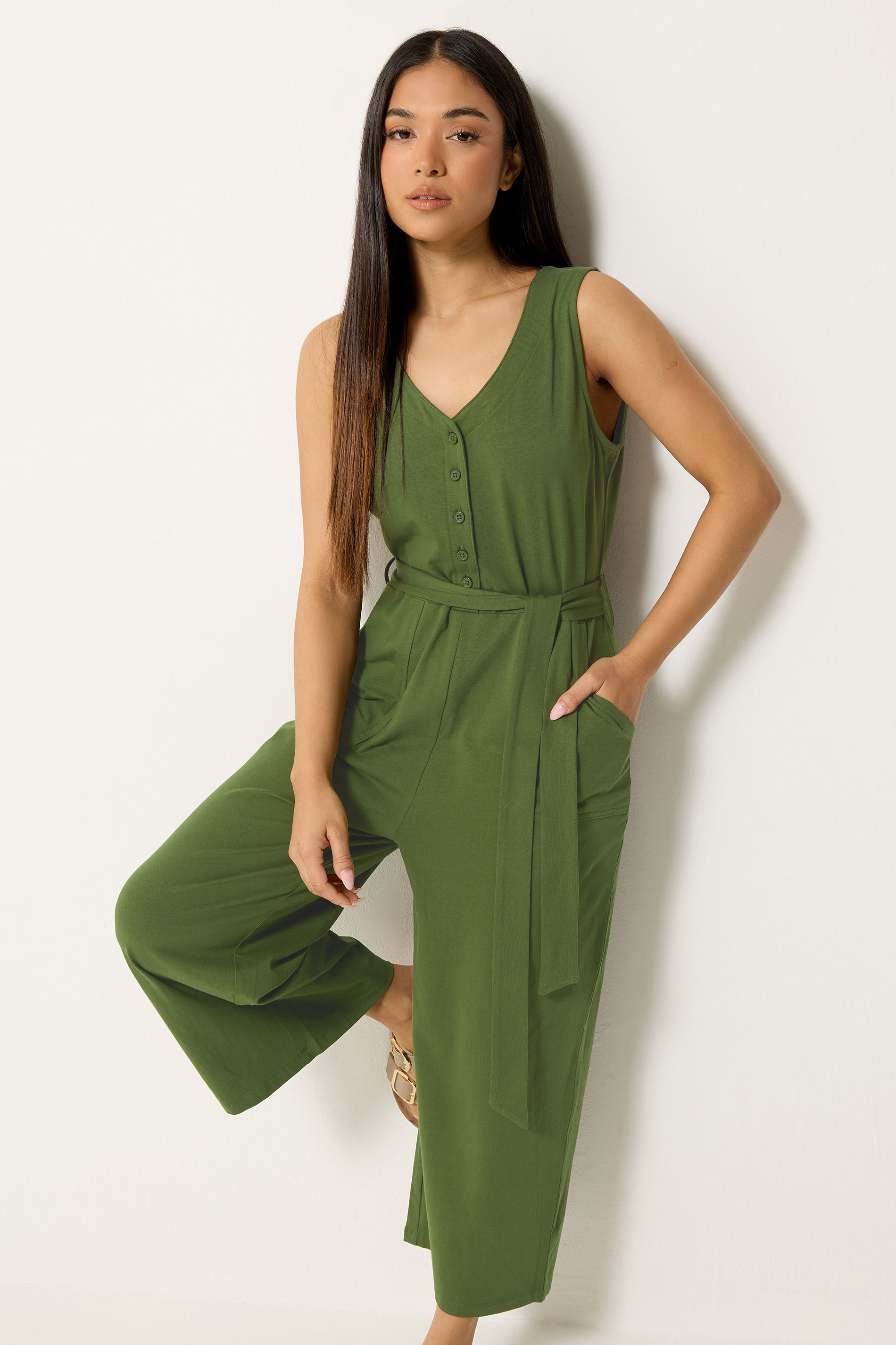 M&Co Petite Khaki Green Cotton Sleeveless Jumpsuit | M&Co 1