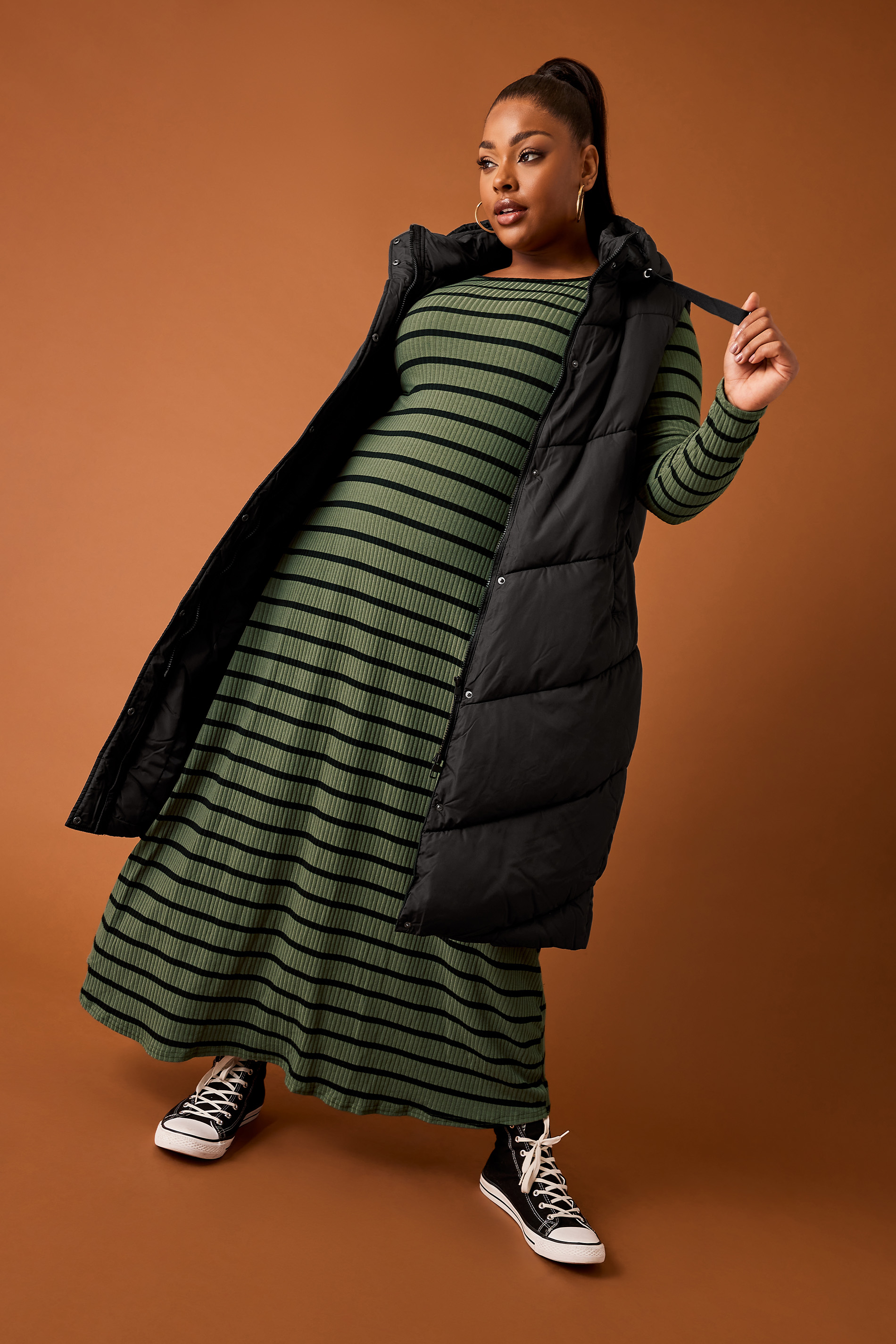 YOURS Curve Plus Size Khaki Green Stripe Ribbed Maxi Swing Dress | Yours Clothing  1