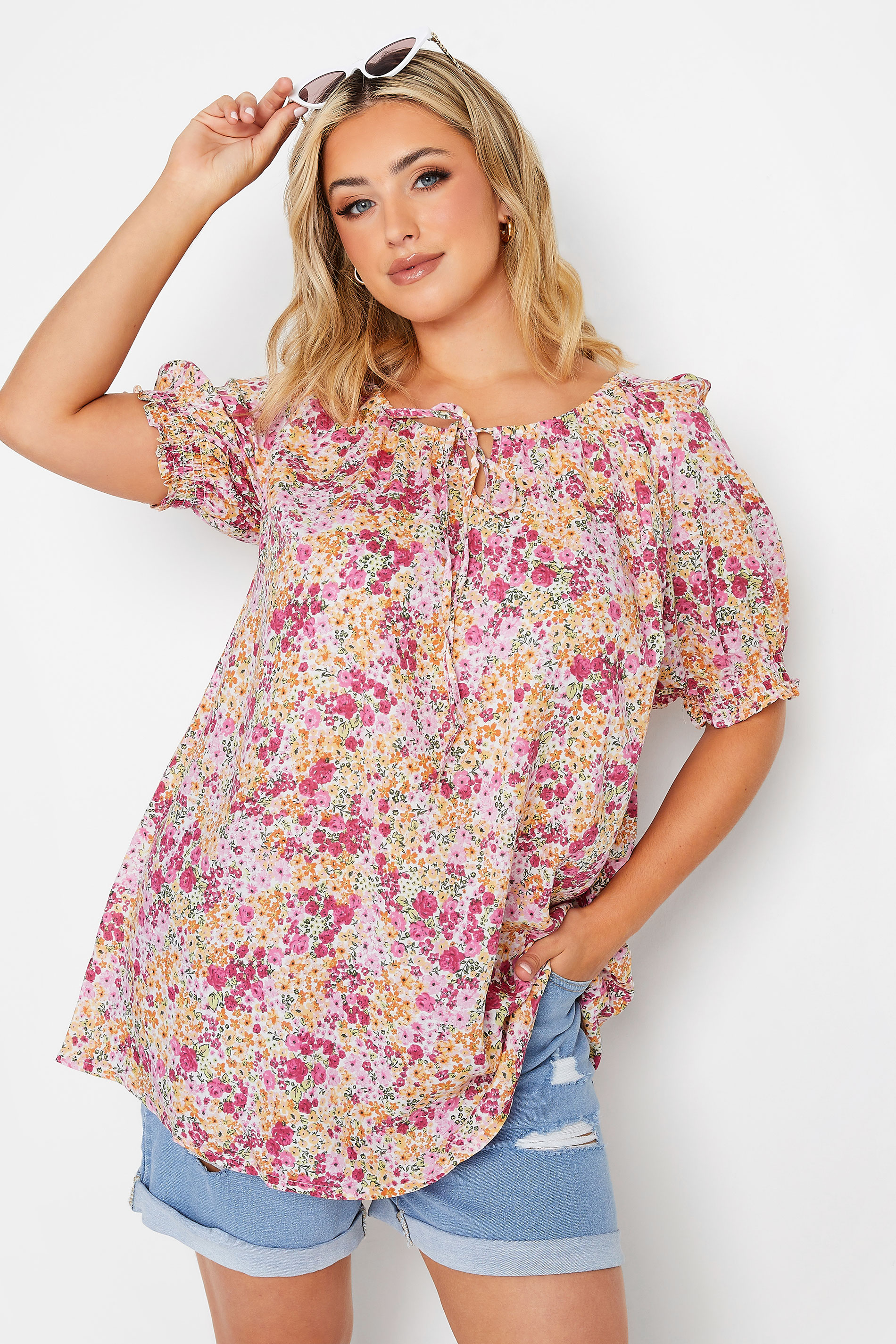 YOURS Plus Size Pink Ditsy Print Gypsy Top | Yours Clothing 1