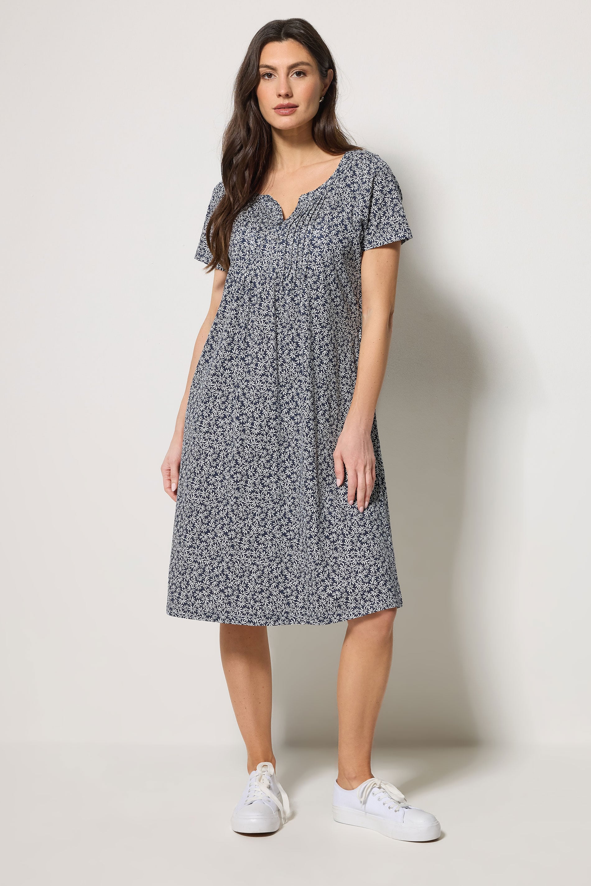 M&Co Navy Blue Ditsy Floral Henley Cotton Midi Dress | M&Co 1