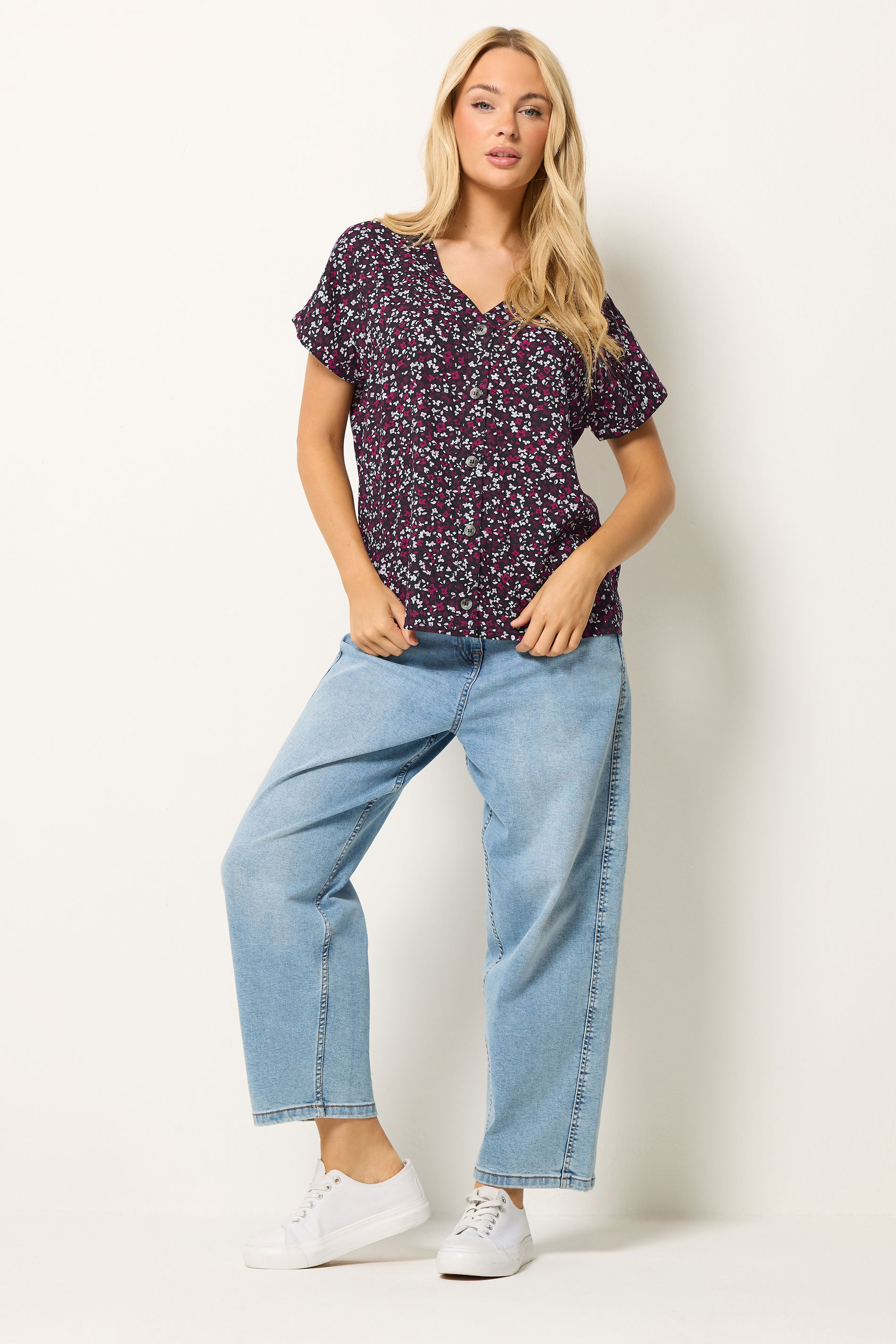 M&Co Berry Purple Ditsy Floral Print Button Front Blouse | M&Co 1
