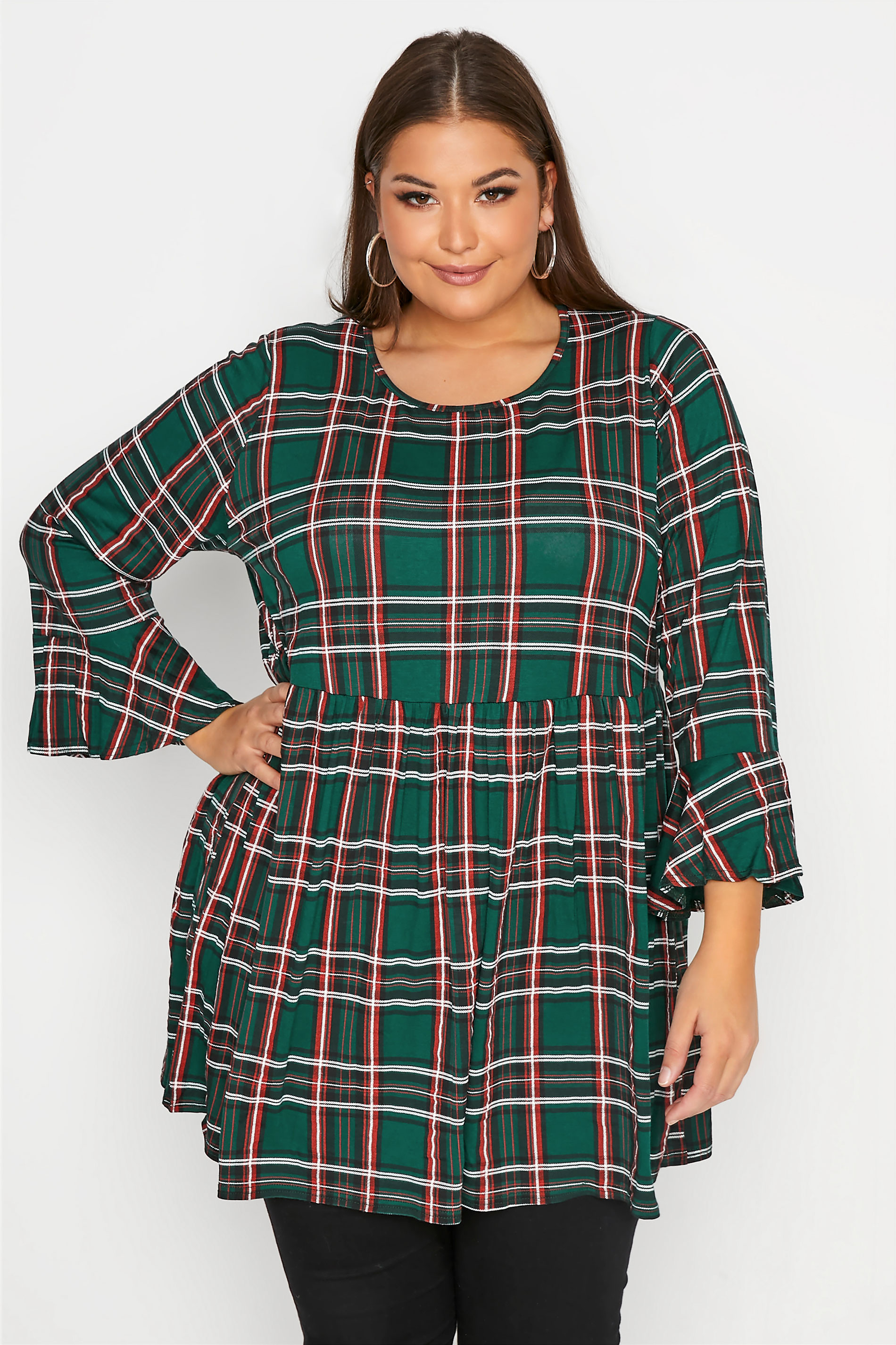 LIMITED COLLECTION Green Tartan Flare Sleeve Smock Tunic_A.jpg