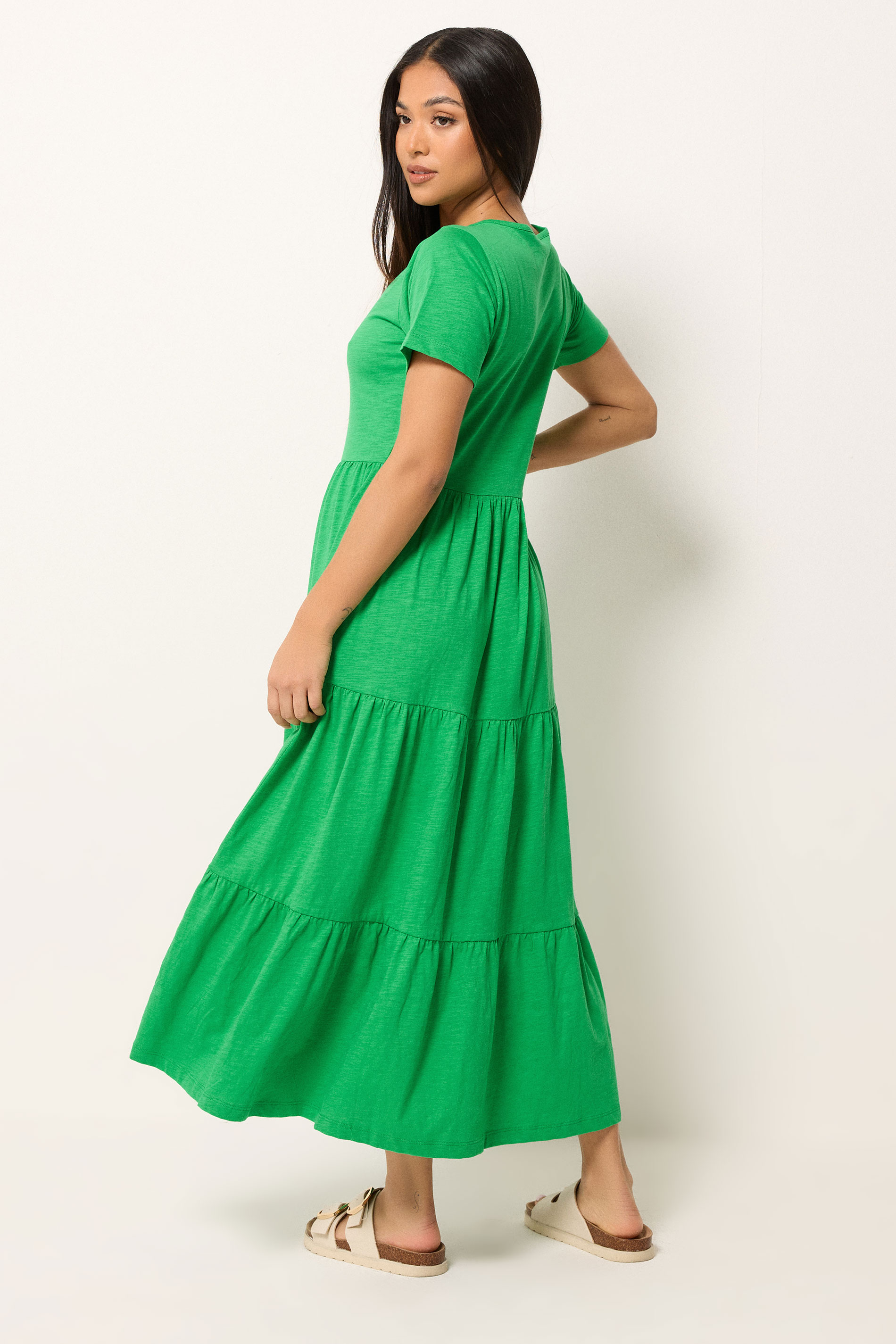 M&Co Petite Green Notch Neck Tiered Cotton Maxi Dress | M&Co 2