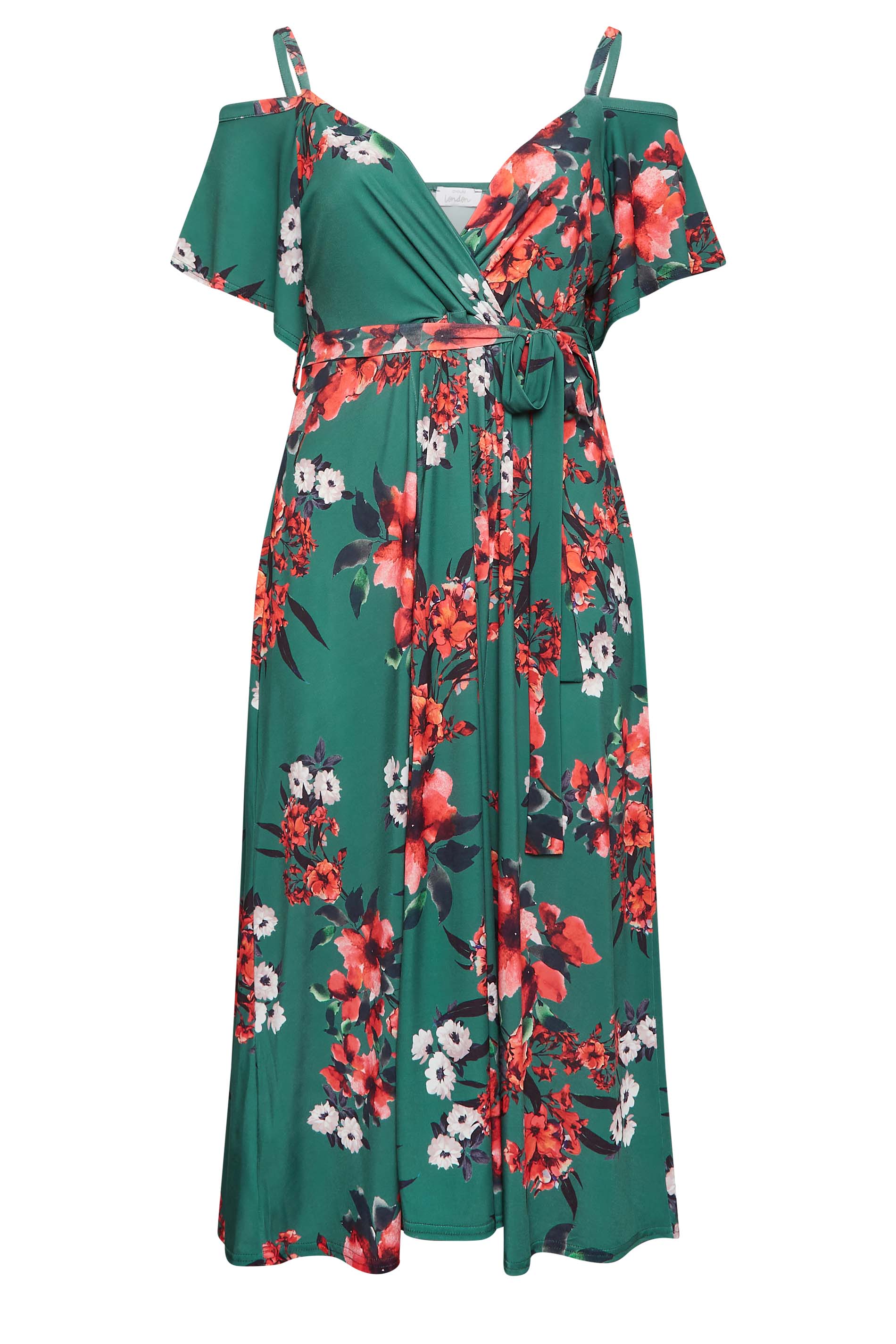 YOURS LONDON Plus Size Green Floral Cold Shoulder Wrap Dress | Yours ...