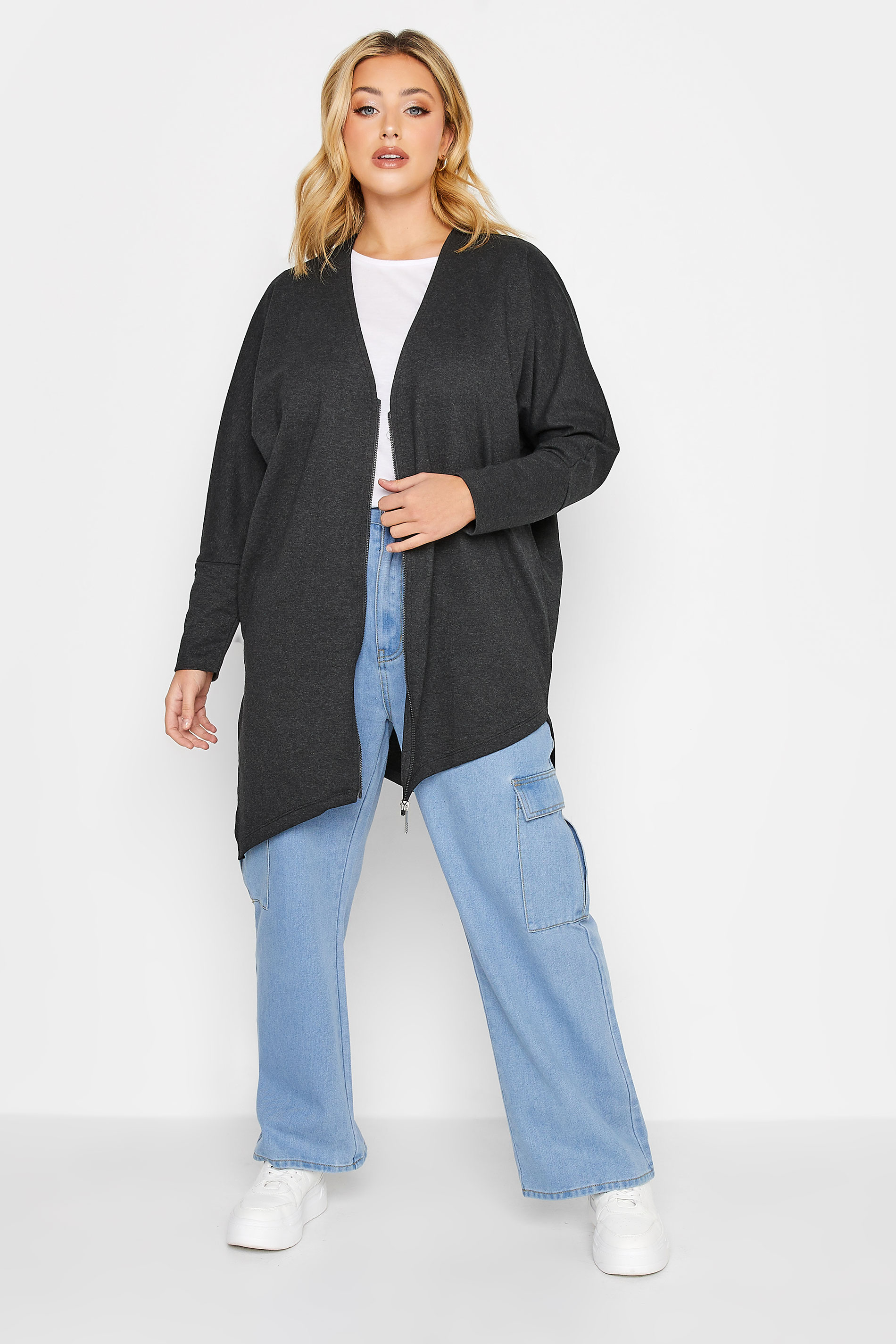 Plus Size Charcoal Grey Asymmetric Hem Zip Front Cardigan | Yours Clothing  3