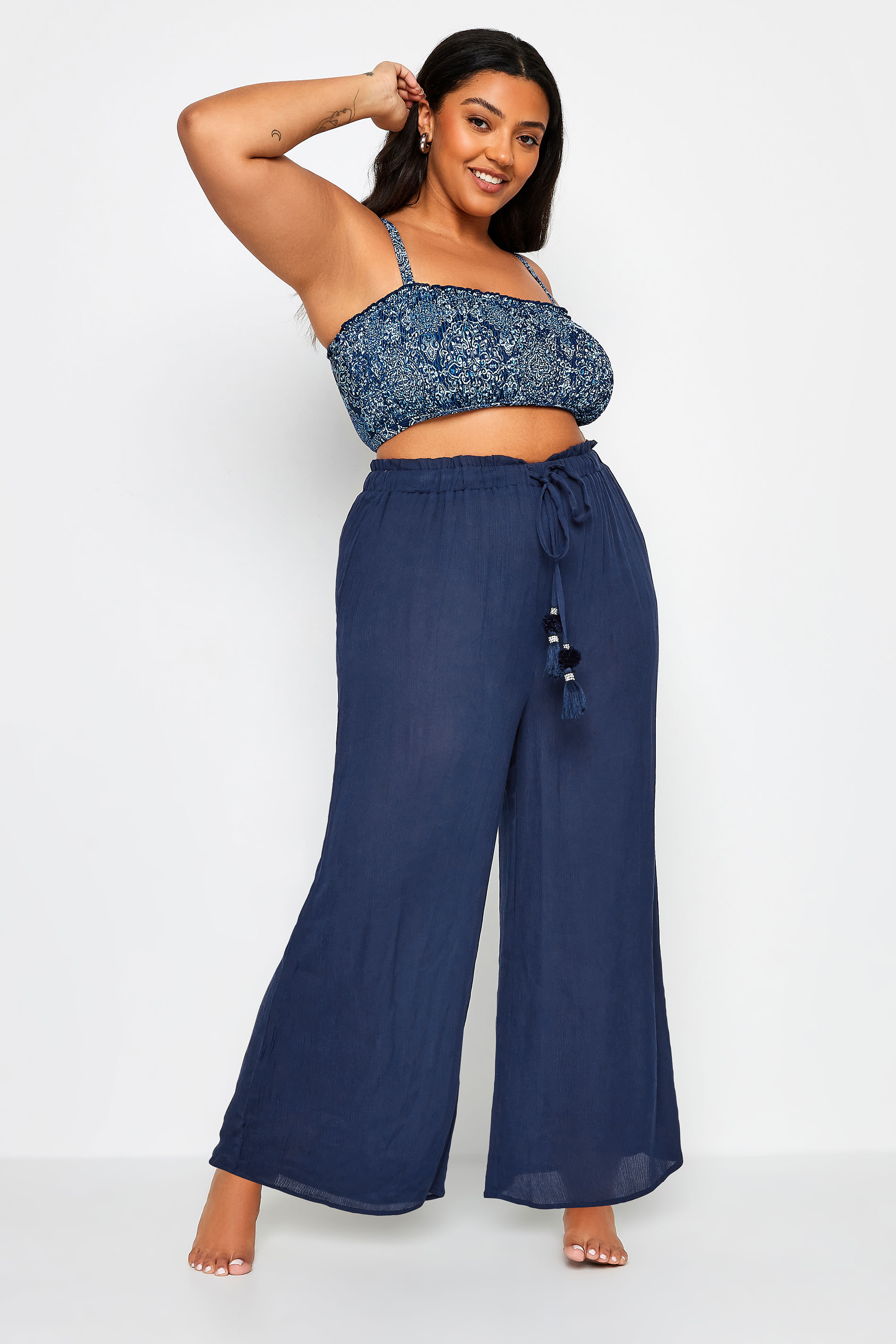 YOURS Plus Size Navy Blue Wide Leg Tassel Beach Trousers | Yours Clothing 2
