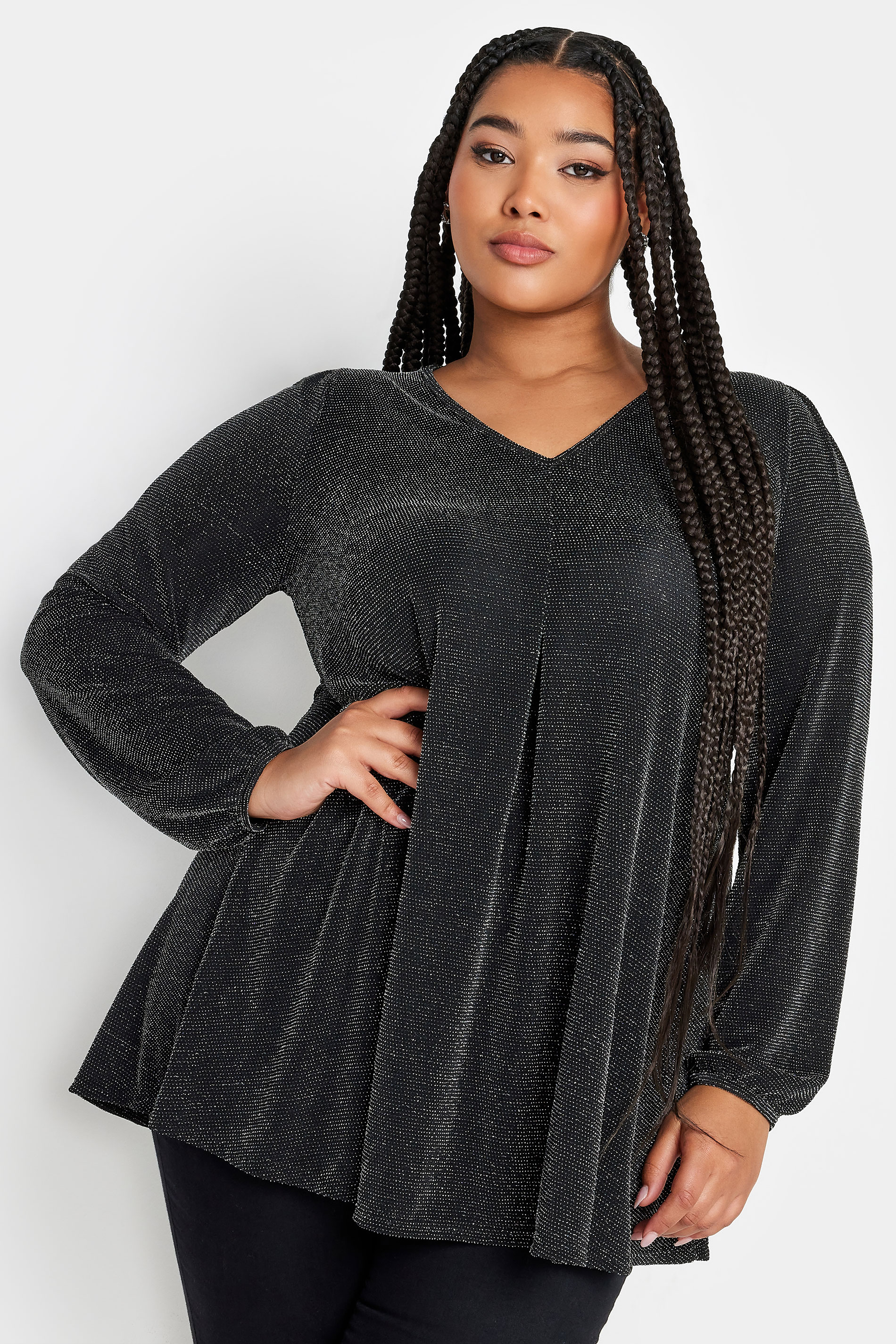 YOURS Curve Black & Silver Balloon Sleeve Top | Yours Clothing  1