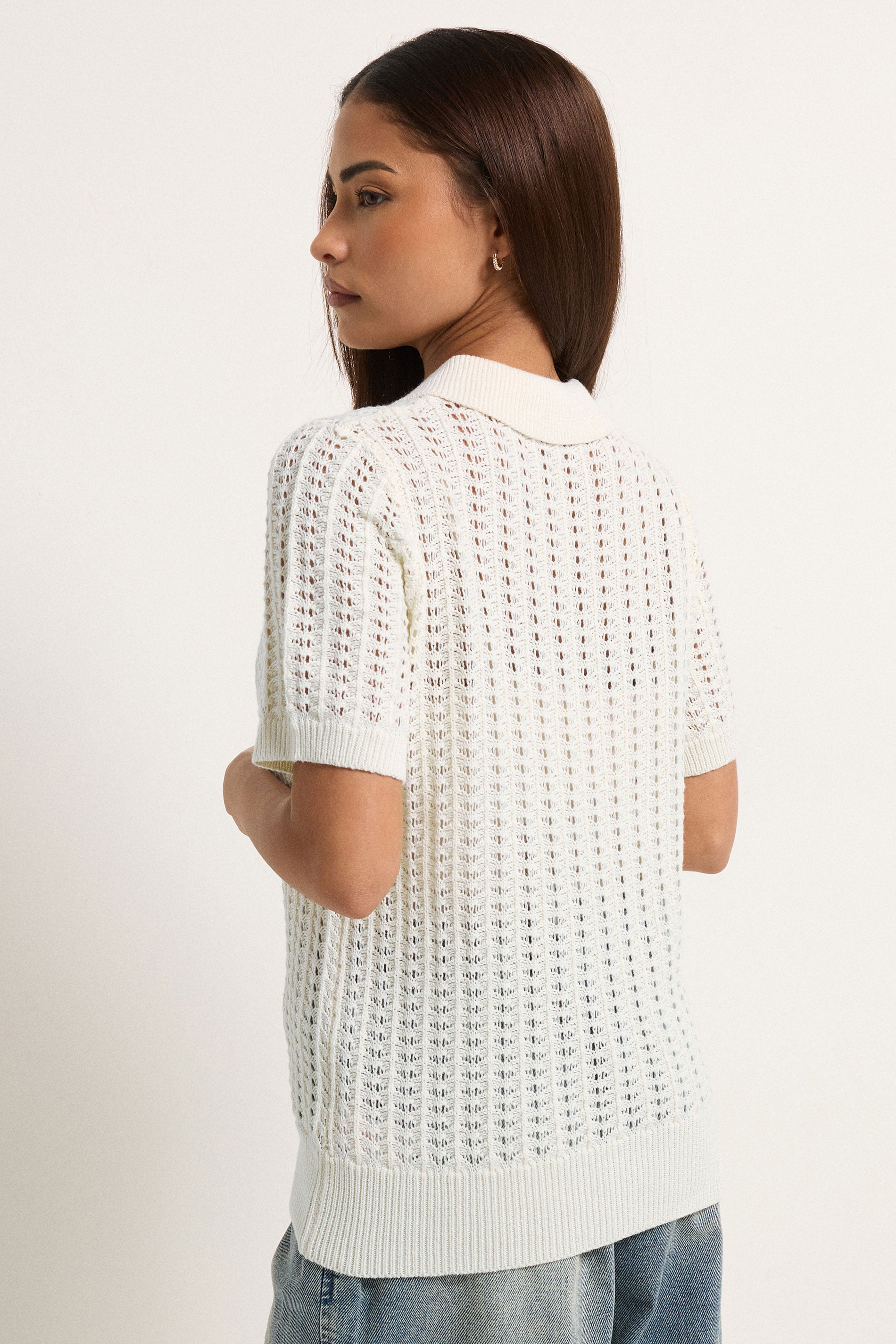 PixieGirl Petite Women's Ivory White Crochet Polo Top | PixieGirl 2