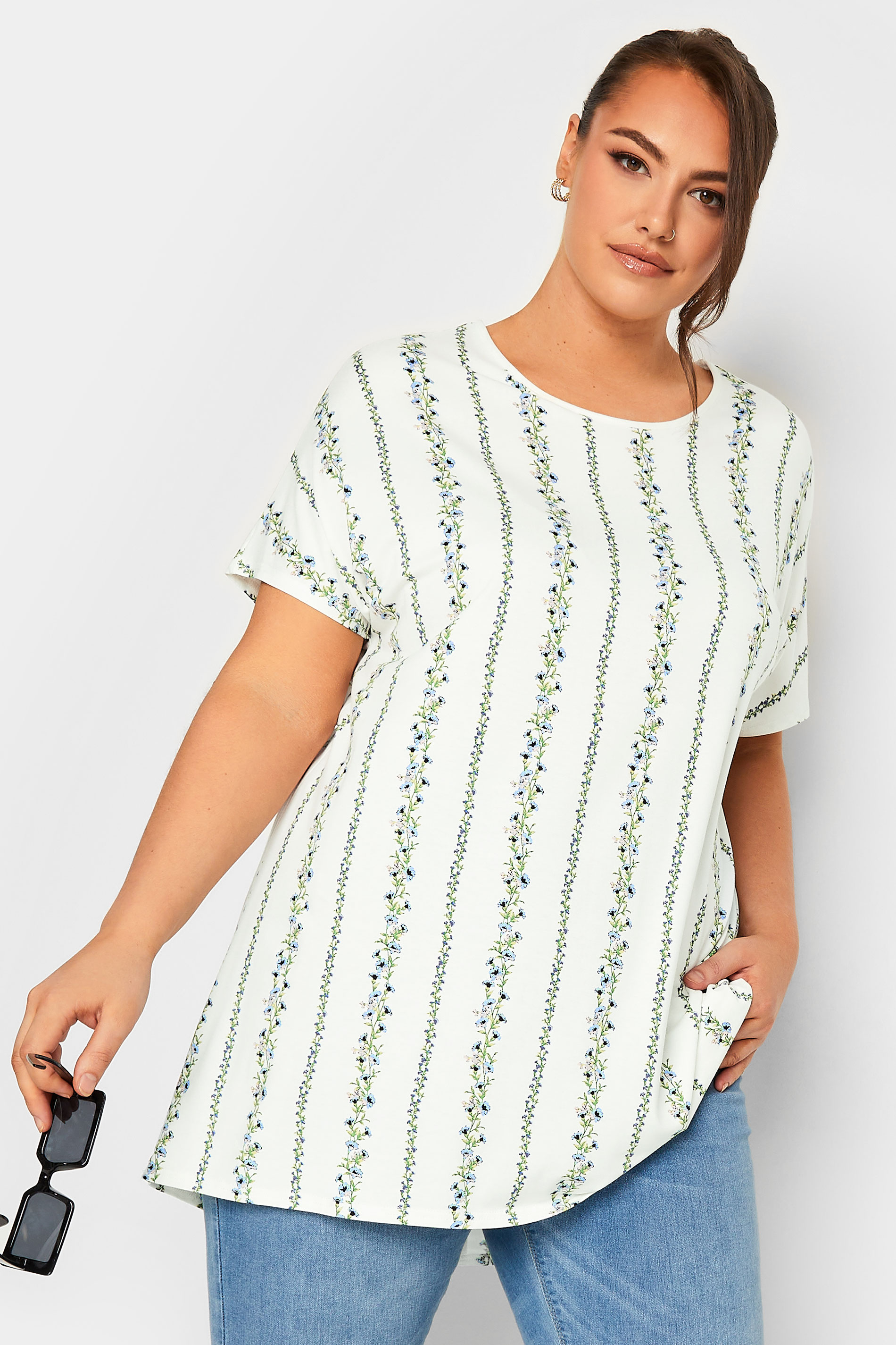 YOURS Plus Size White Floral Round Neck Top | Yours Clothing 1