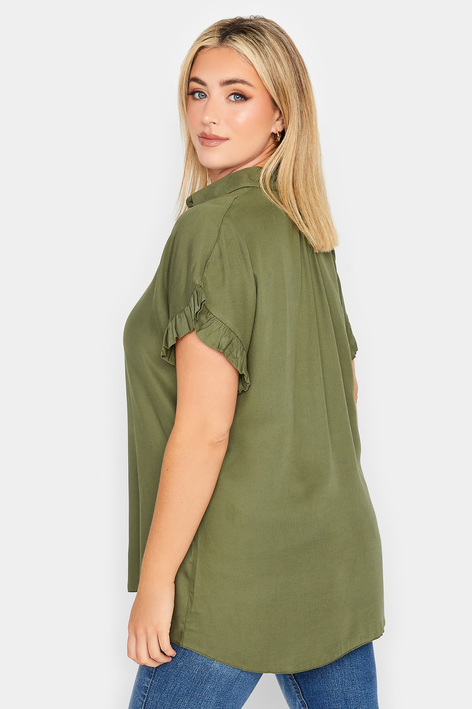 YOURS Plus Size Khaki Green Frill Sleeve Collared Shirt | Yours Clothing 3