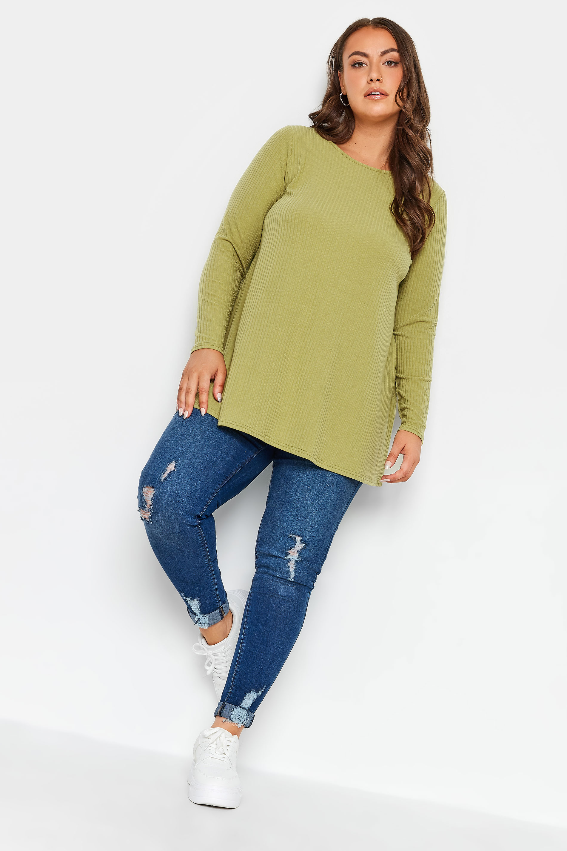 YOURS Plus Size Green Ribbed Long Sleeve Swing Top  | Yours Clothing 2