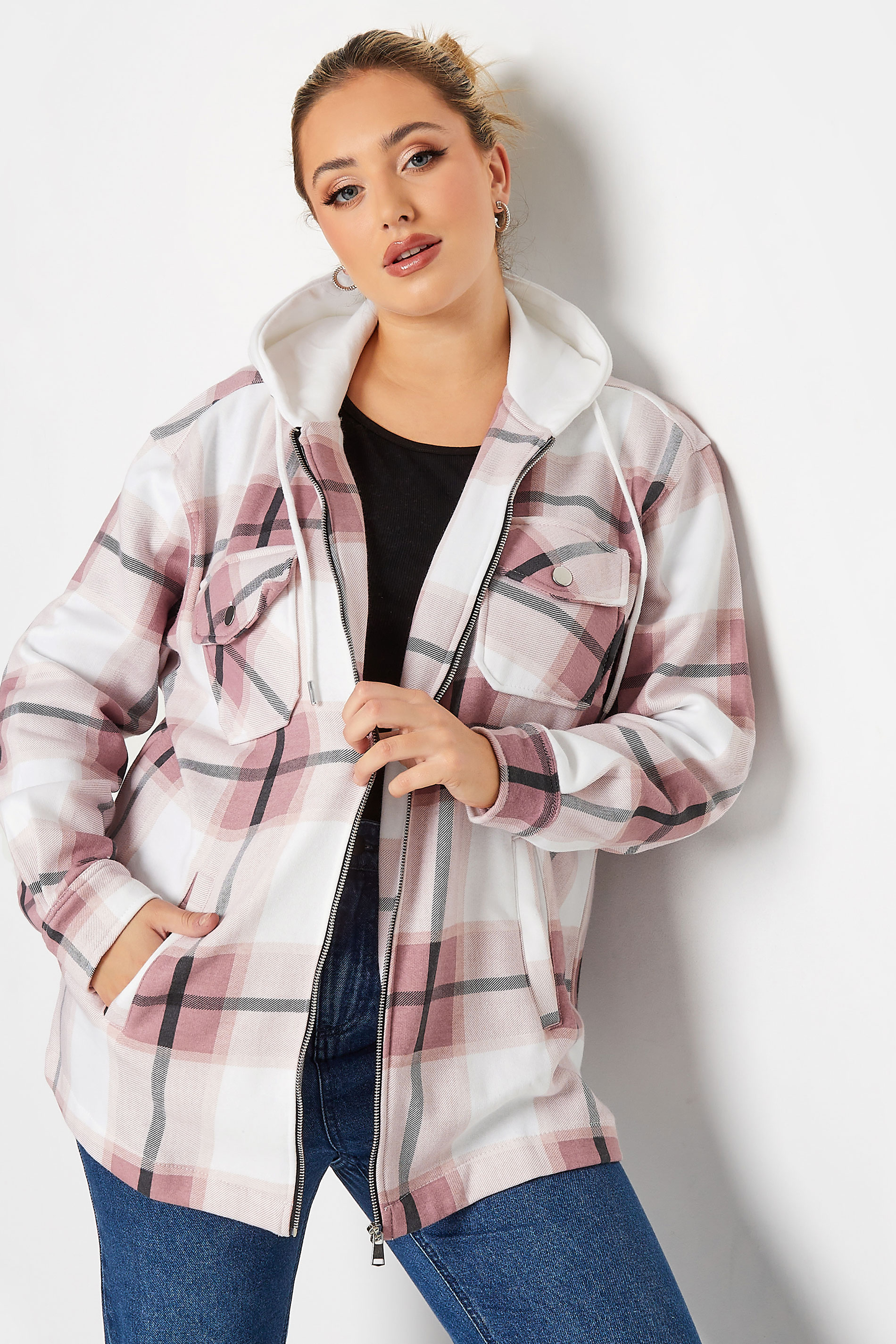 Plus Size Pink Check Sweat Shacket | Yours Clothing 1