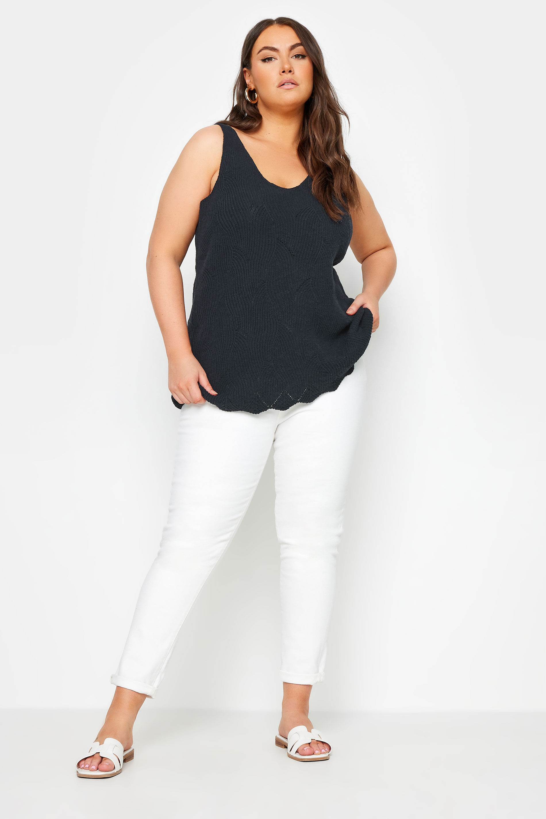 YOURS Plus Size Black Scallop Hem Knitted Vest Top | Yours Clothing 2