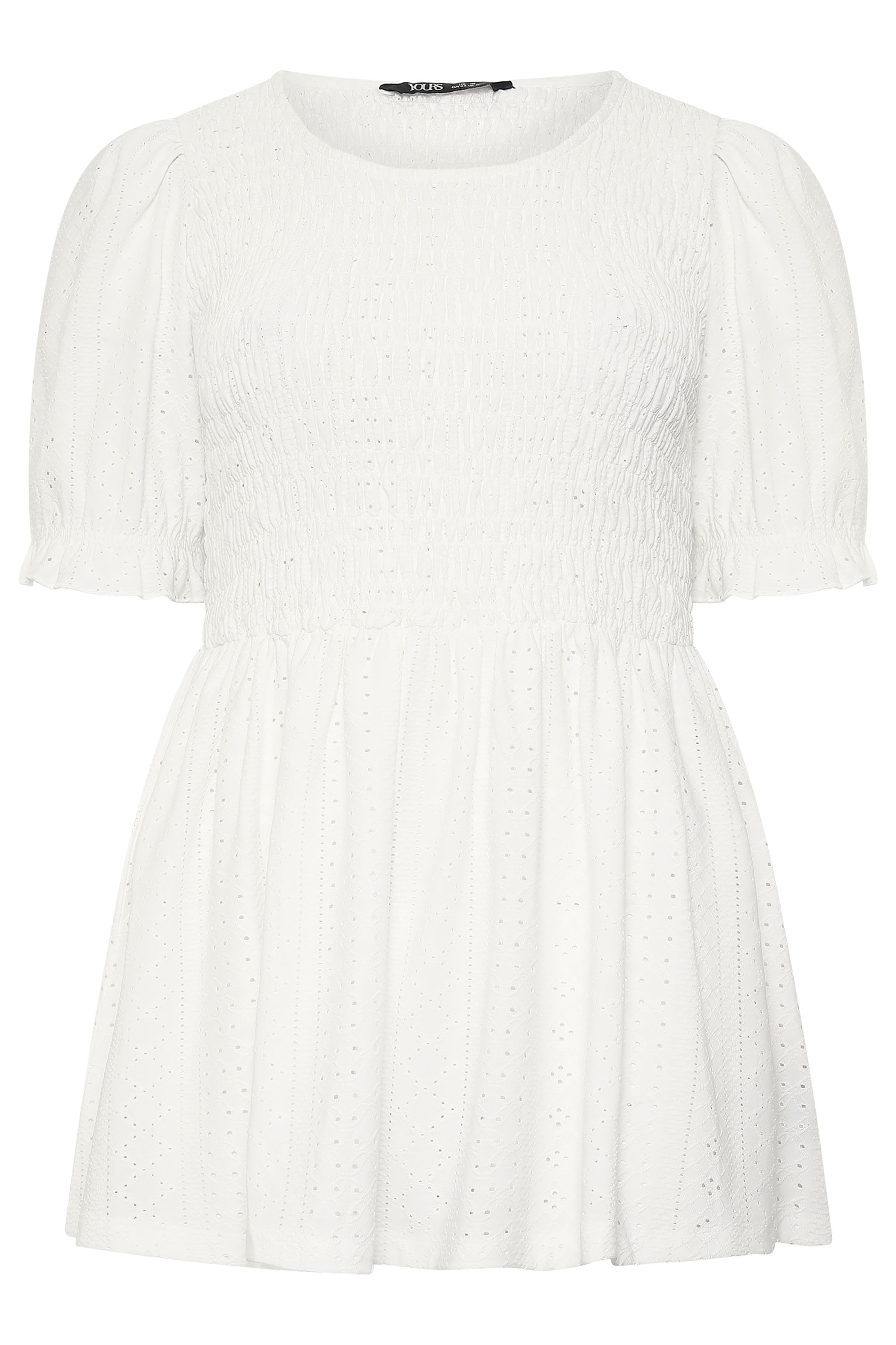 YOURS Plus Size White Broderie Anglaise Shirred Puff Sleeve Top | Yours Clothing 5