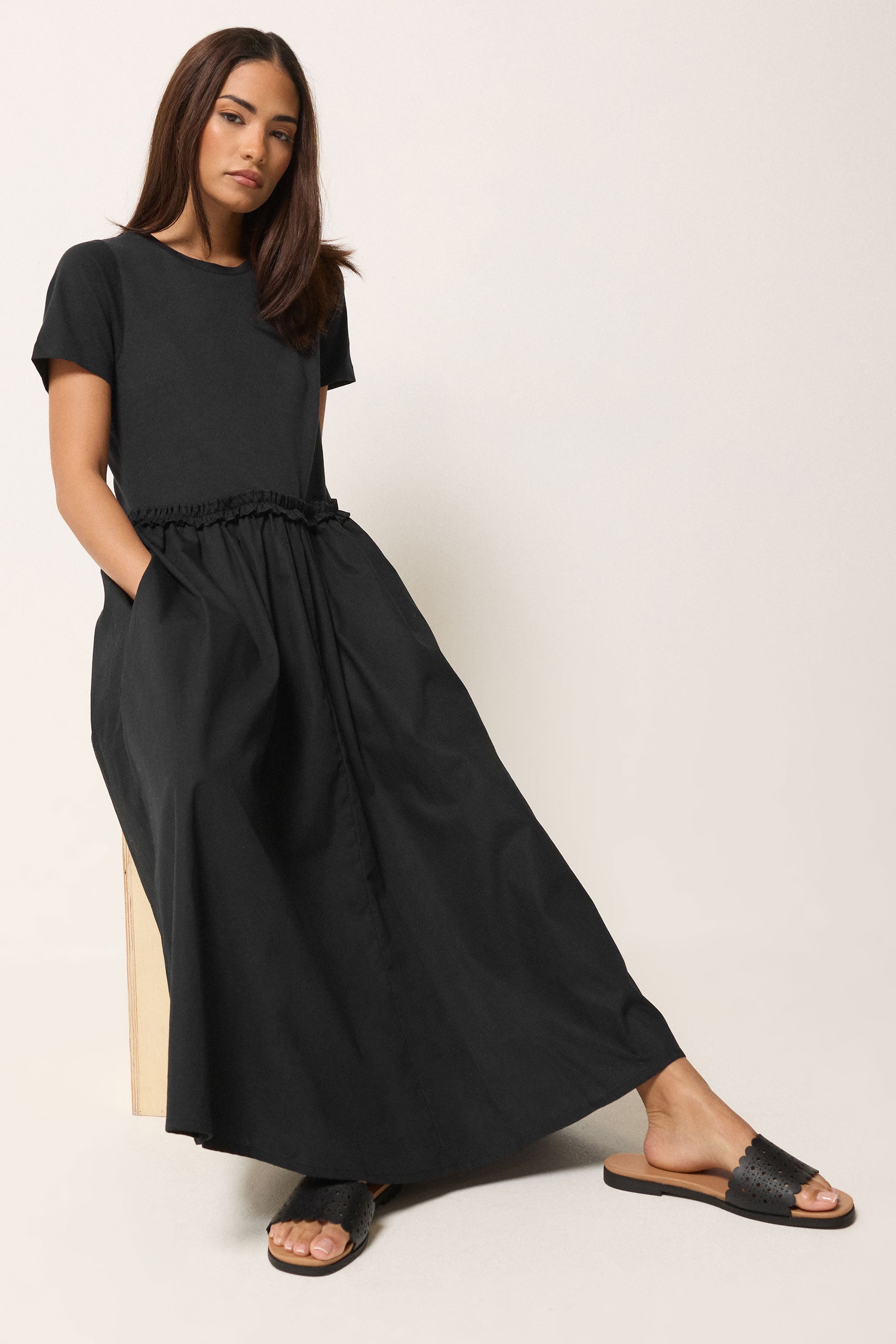 PixieGirl Petite Women's Black Mixed Ruffle Cotton Midi Dress | PixieGirl  2