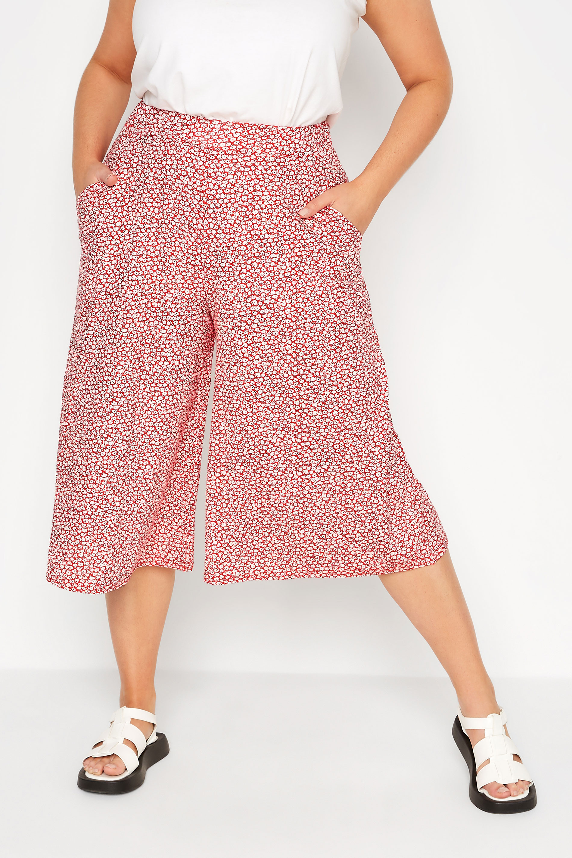 Grande taille  Pantalons Grande taille  Pantacourts | Jupe-Culotte en Jersey Rouge Imprimé Petites Fleurs - WS13556