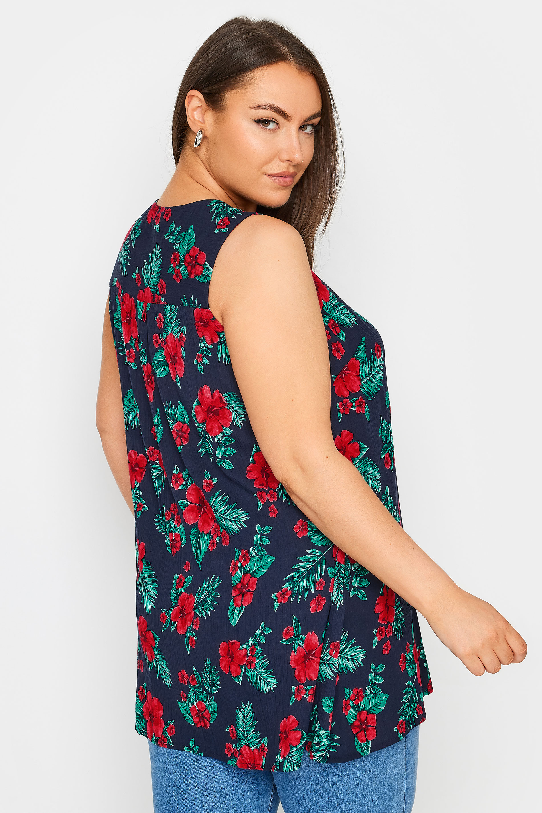 YOURS Plus Size Navy Blue Tropical Print Sleeveless Blouse | Yours Clothing 3