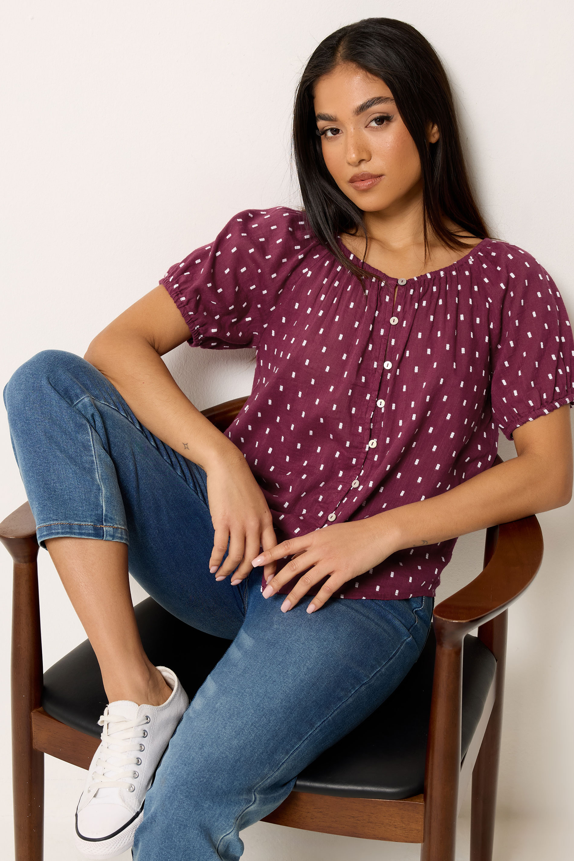 M&Co Petite Berry Purple Dobby Short Sleeve Blouse | M&Co  3