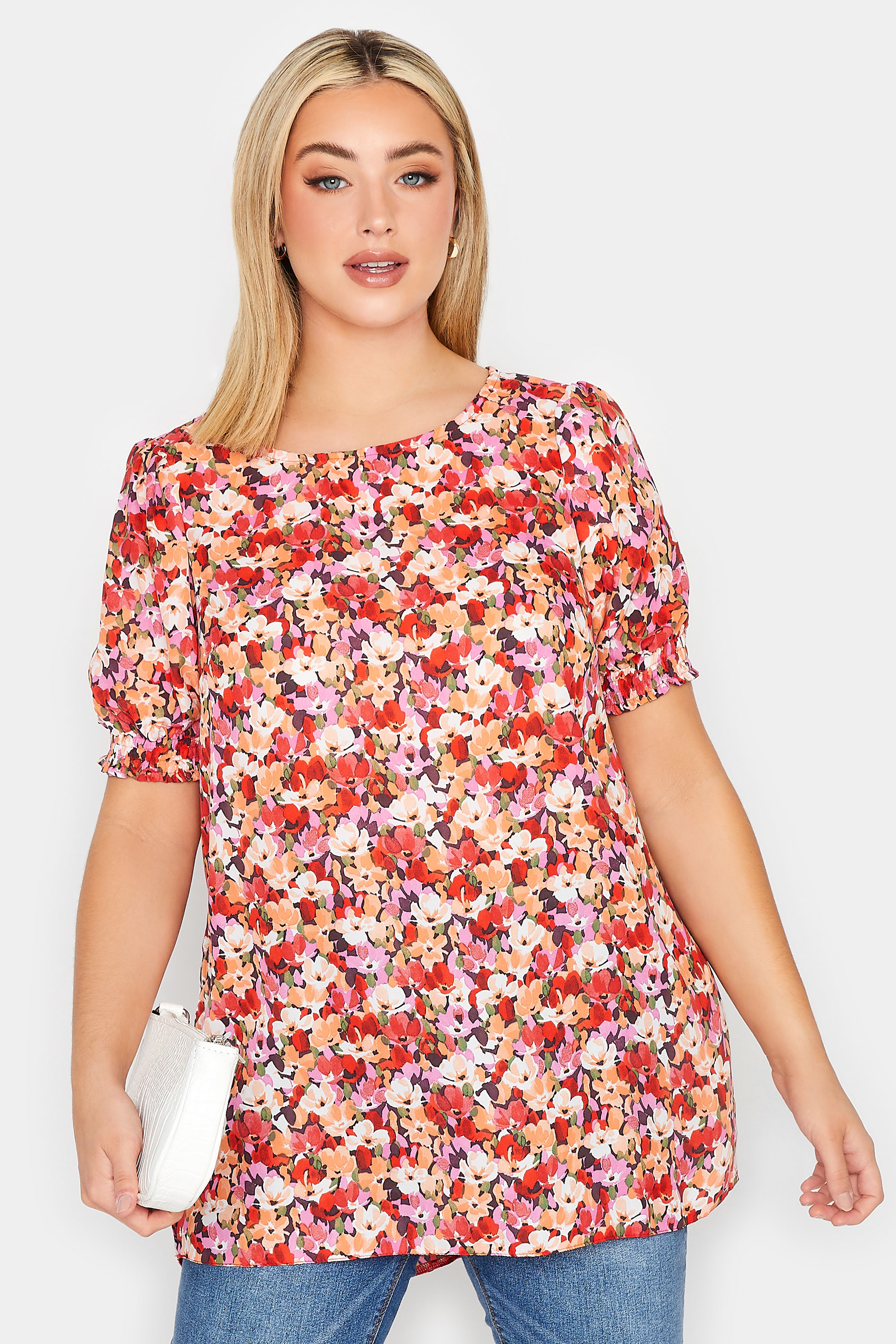 YOURS Curve Plus Size Orange Floral Short Sleeve Blouse | Yours Clothing 1