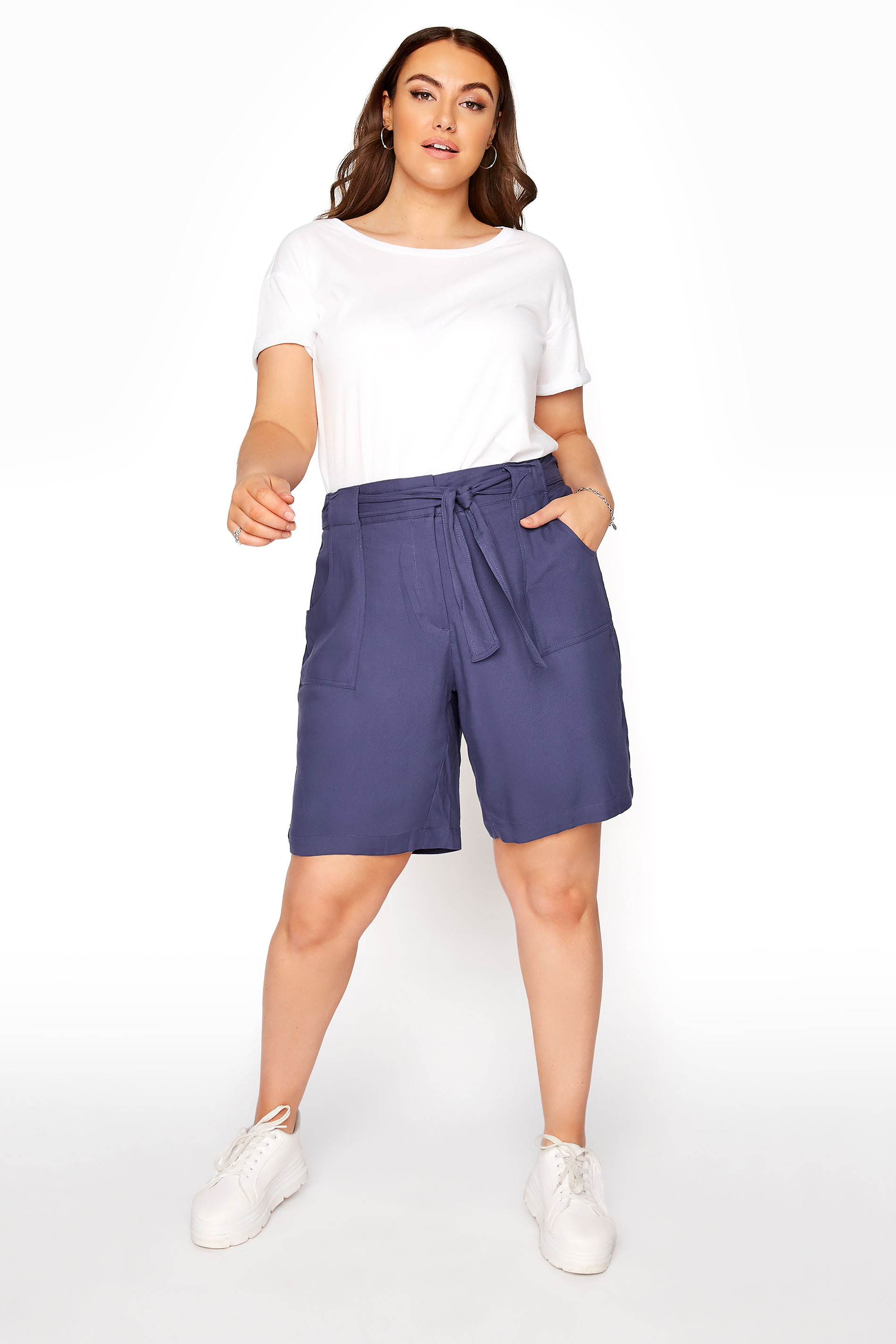 Grande taille  Shorts Grande Taille Grande taille  Shorts à la mode | Short Bleu Midi avec Ceinture - KY72265