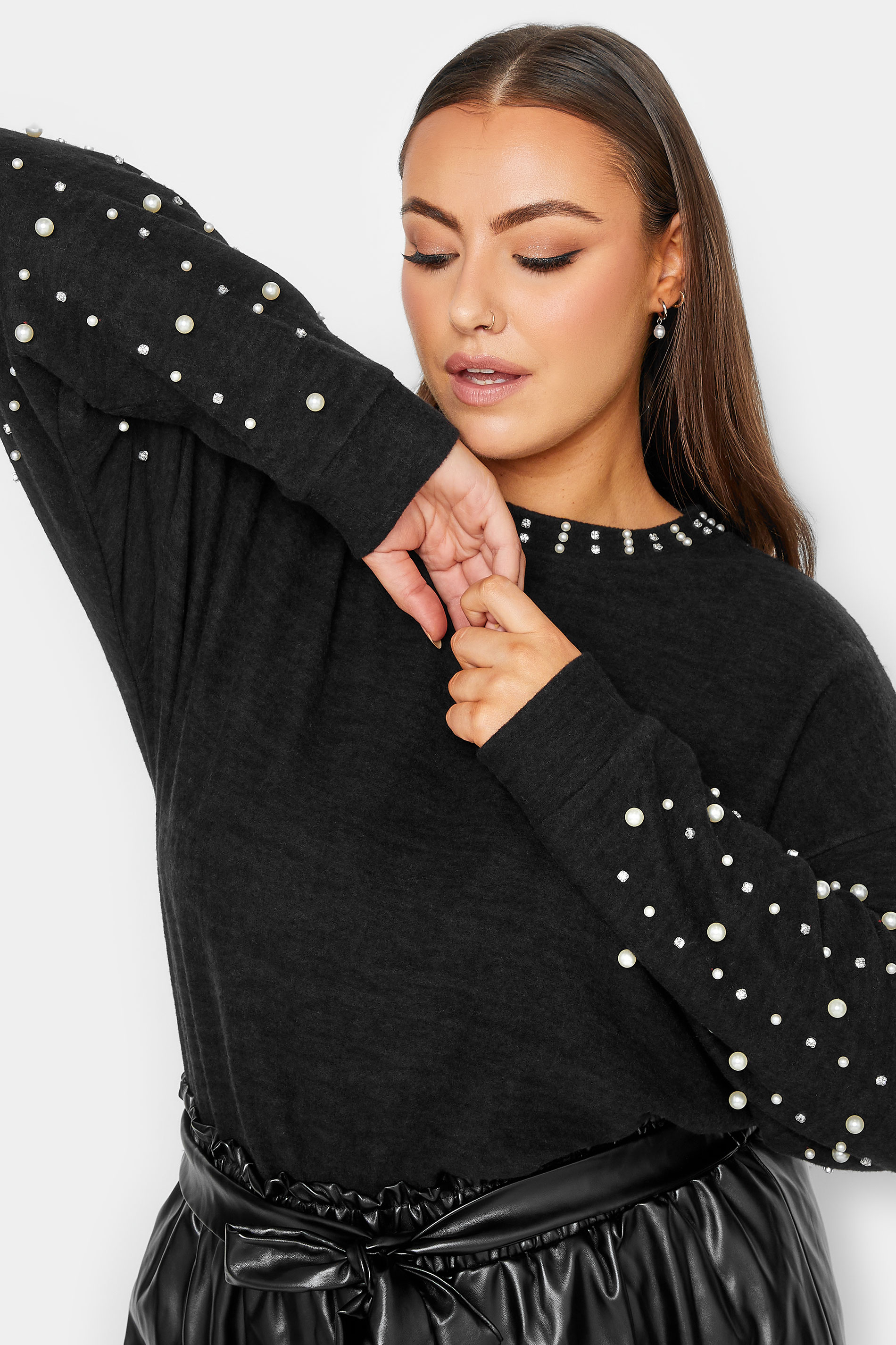 YOURS LUXURY Curve Black Pearl & Sequin Embellished Long Sleeve Soft ...