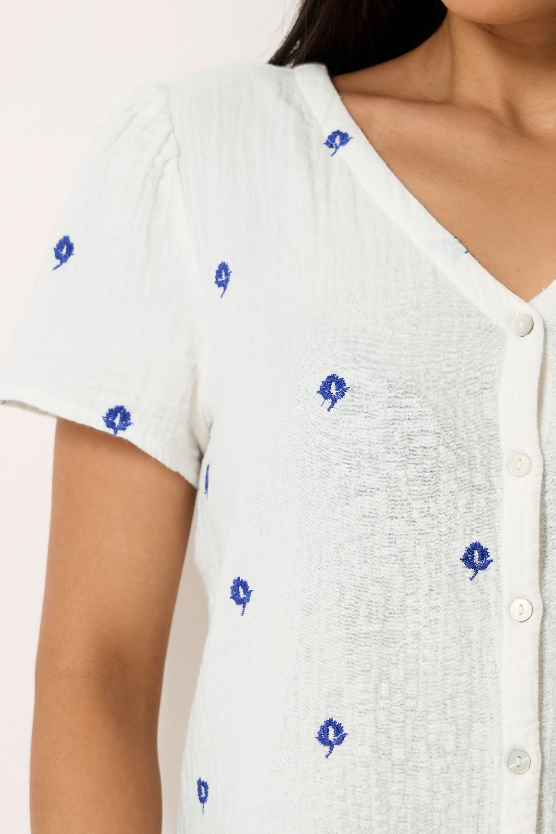 M&Co Petite White Floral Embroidered Cotton Short Sleeve Blouse | M&Co 4