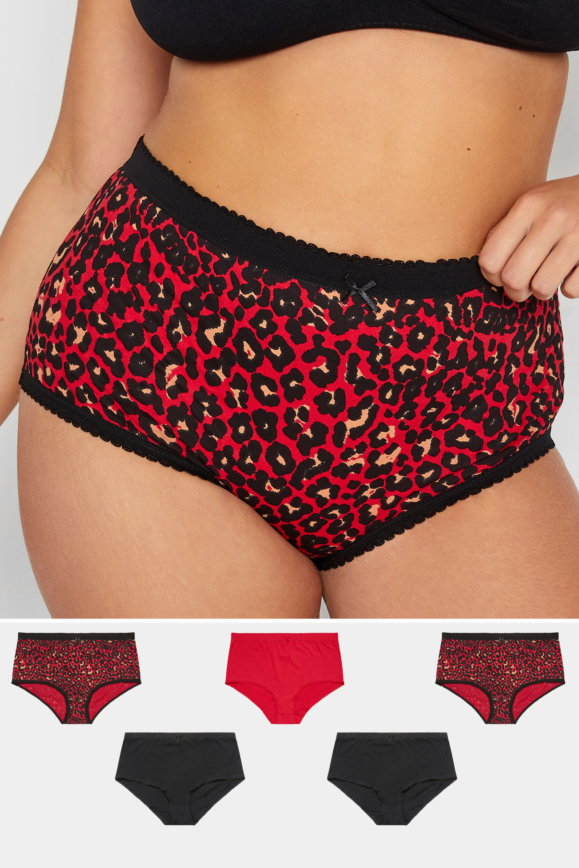 Plus Size 5 PACK Red & Black Animal Print Full Briefs | Yours Clothing 1