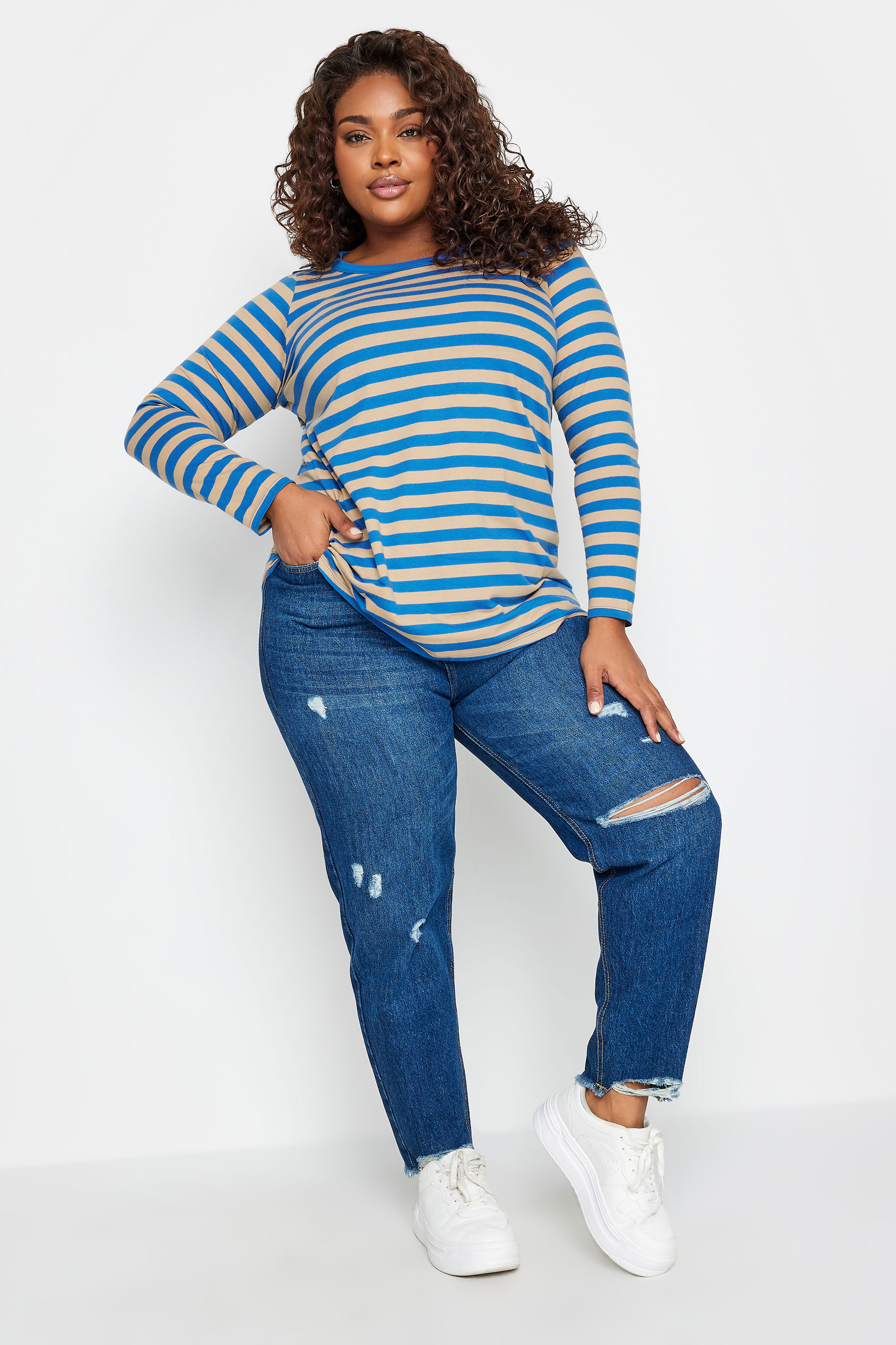 YOURS Curve Blue Stripe Long Sleeve T-Shirt | Yours Clothing 2
