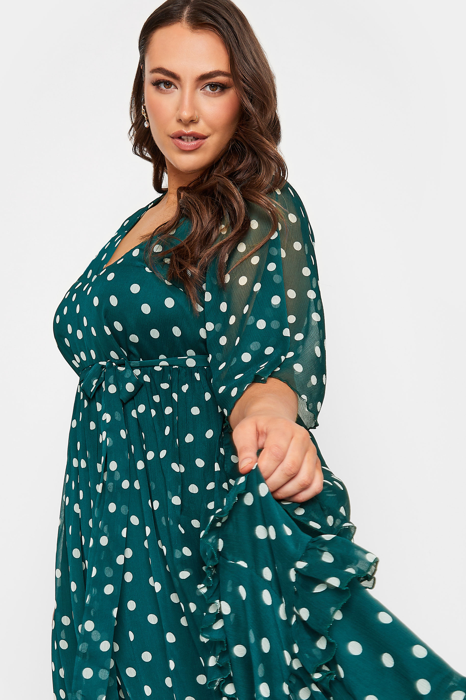 YOURS LONDON Plus Size Green Polka Dot Ruffle Maxi Dress | Yours Clothing