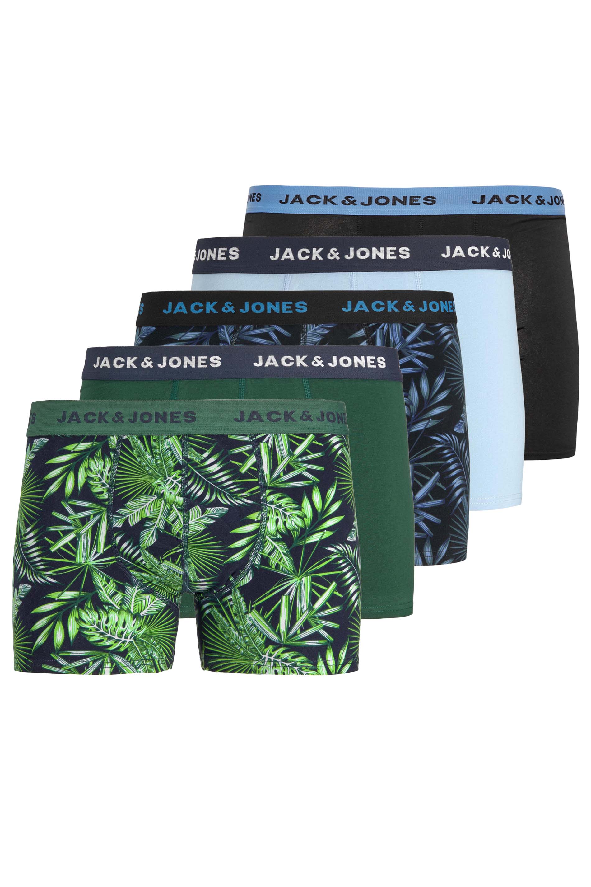 JACK & JONES Big & Tall 5 PACK Black & Green Palm Print Logo Boxers | BadRhino 1