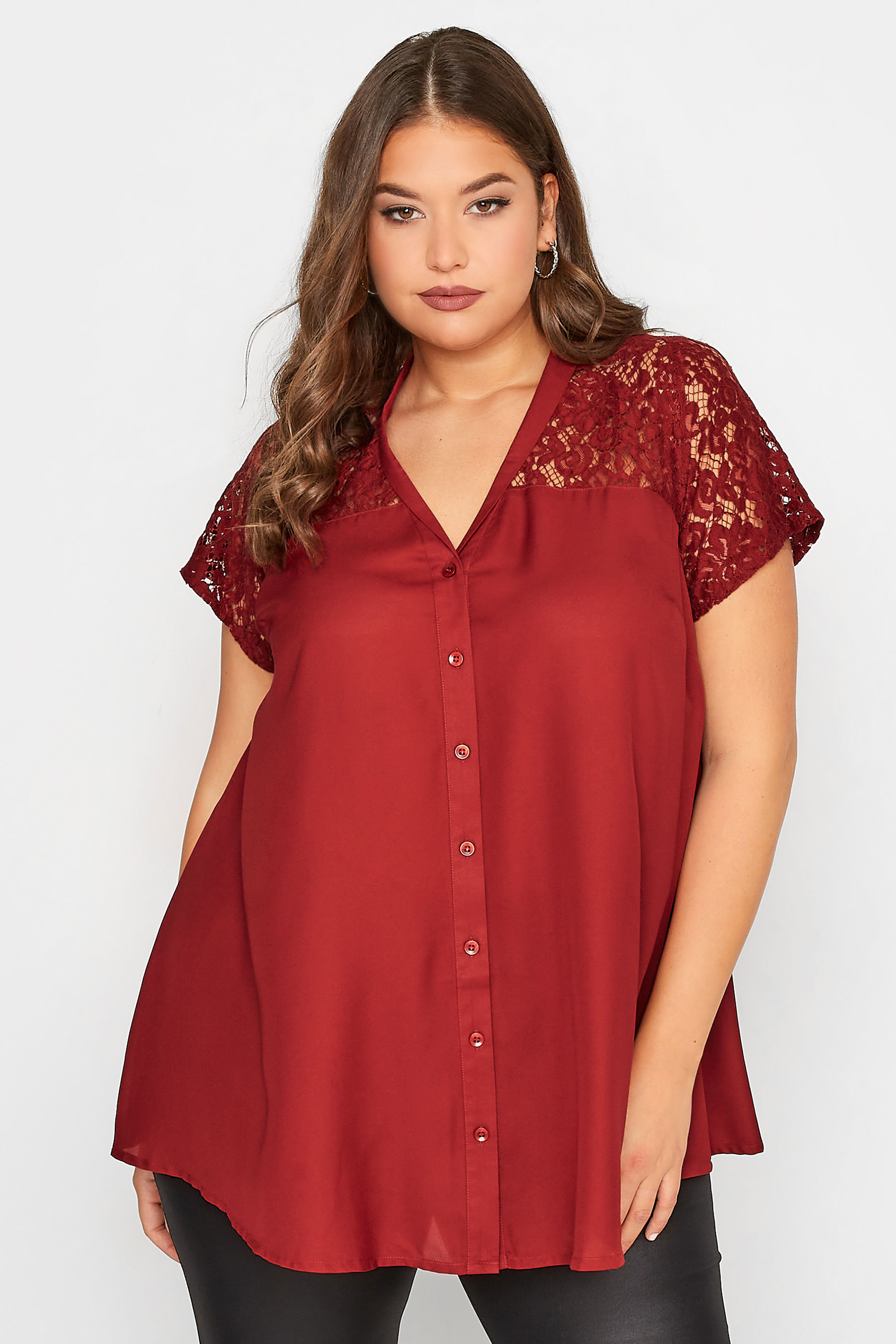 LIMITED COLLECTION Plus Size Wine Red Lace Insert Blouse | Yours Clothing 1