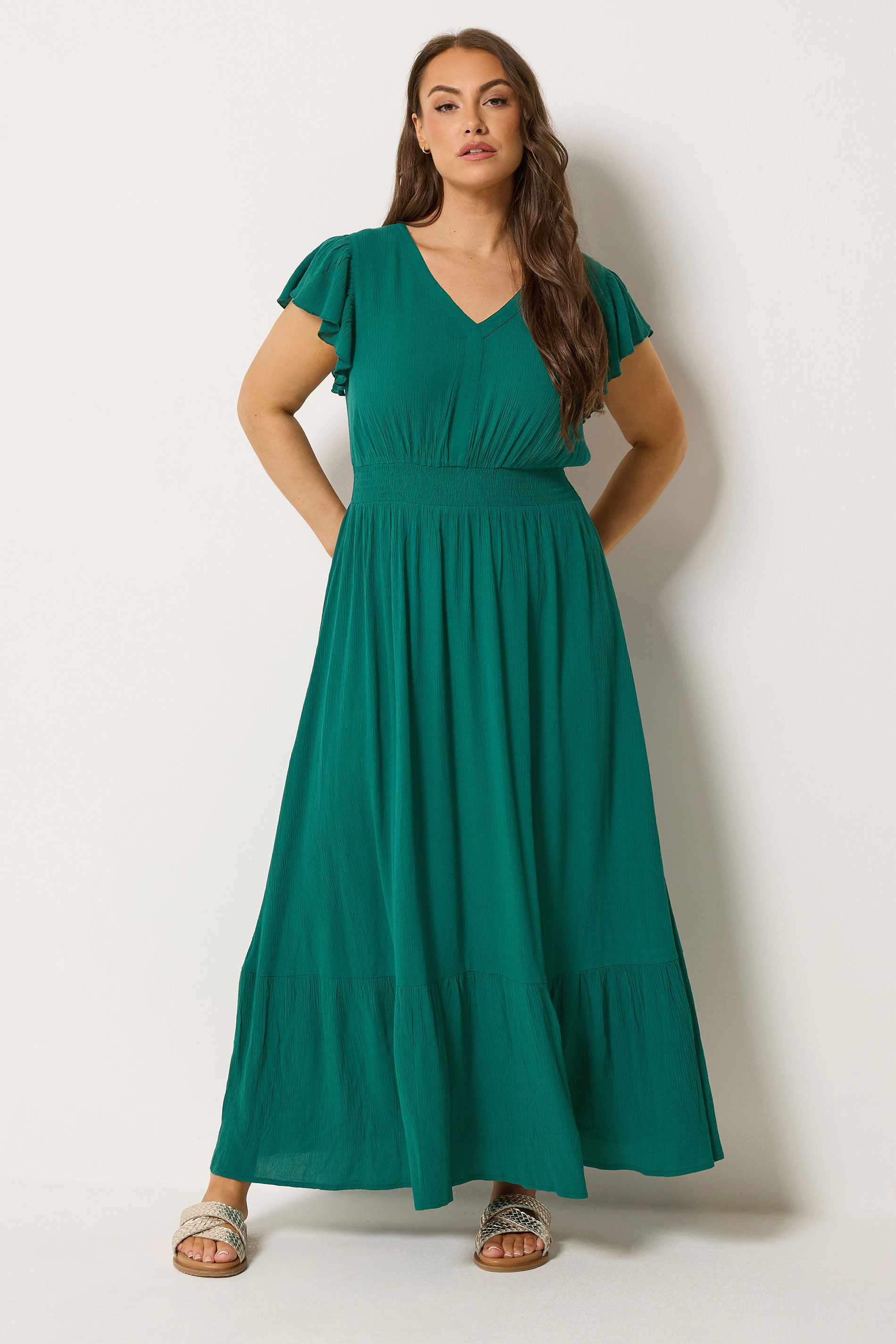 YOURS Plus Size Teal Green Shirred Crinkle Maxi Dress | Yours Clothing 3