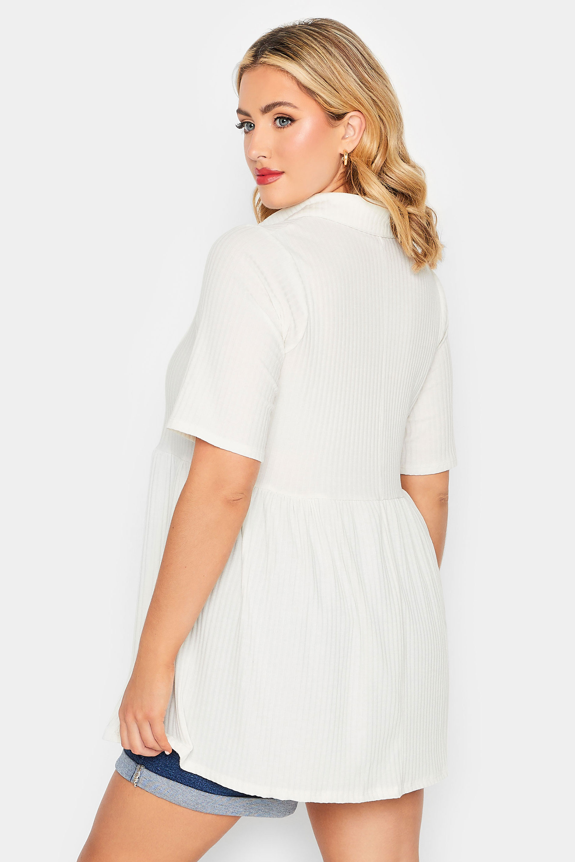 LIMITED COLLECTION Plus Size White Ribbed Button Through Peplum Top | Yours Clothing 3