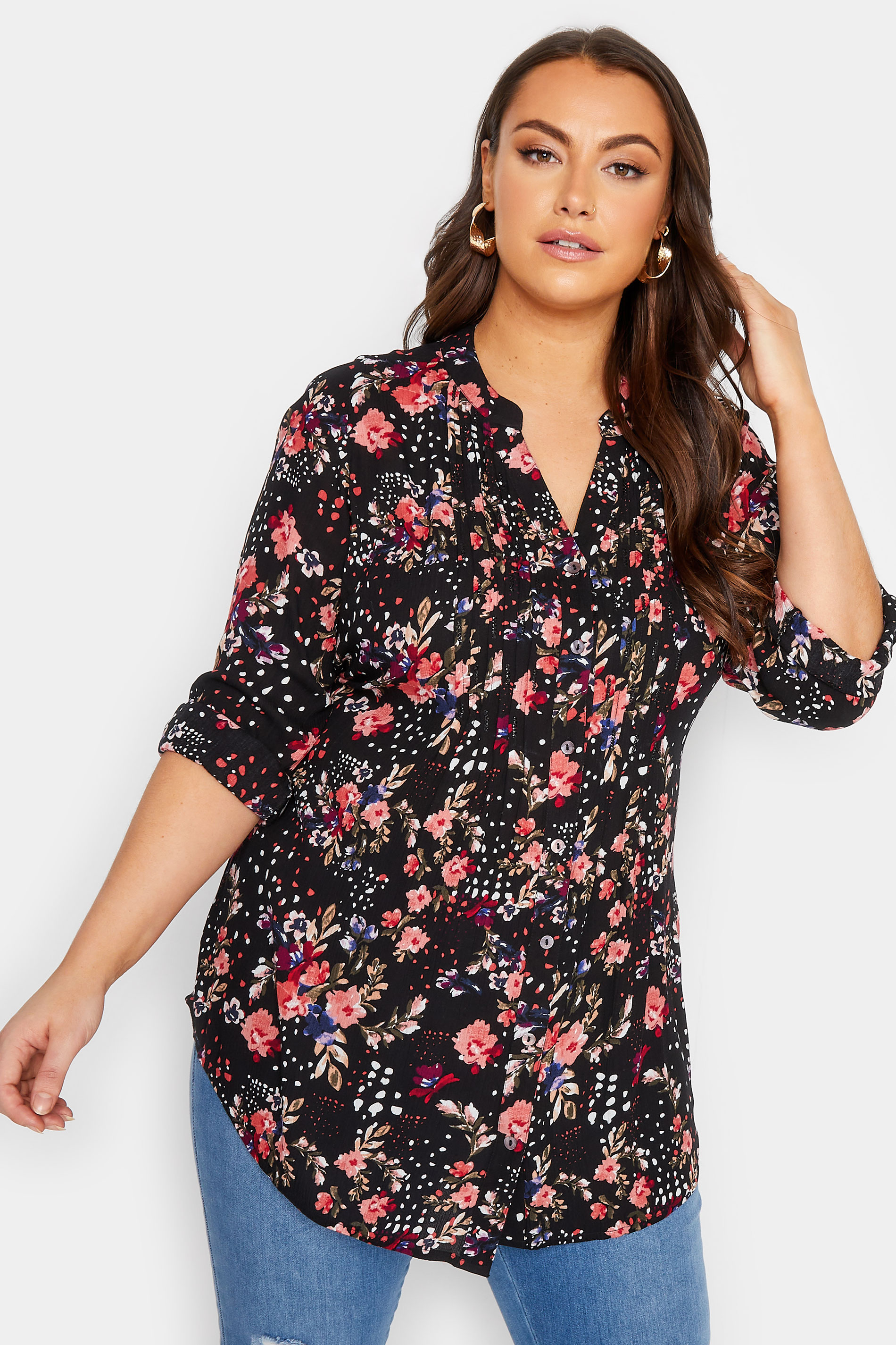 Plus Size Black Floral Print Pintuck Shirt | Yours Clothing 1
